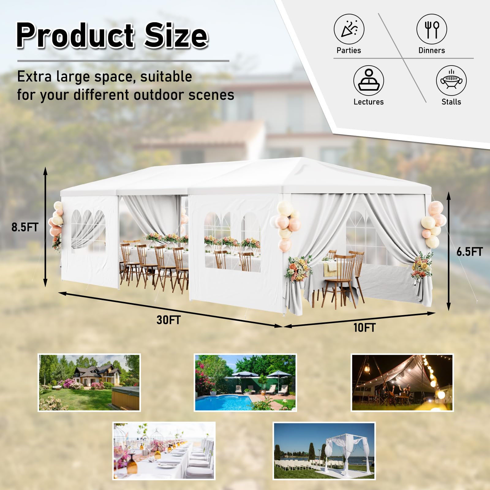 10x30 Heavy Duty Outdoor Party Tent - White Canopy with 7 Removable Sidewalls for Weddings, BBQ, Birthday & Holiday Events | Perfect for Backyard, Garden & Patio Shelter | Weather-Resistant Gazebo for Outdoor Gatherings