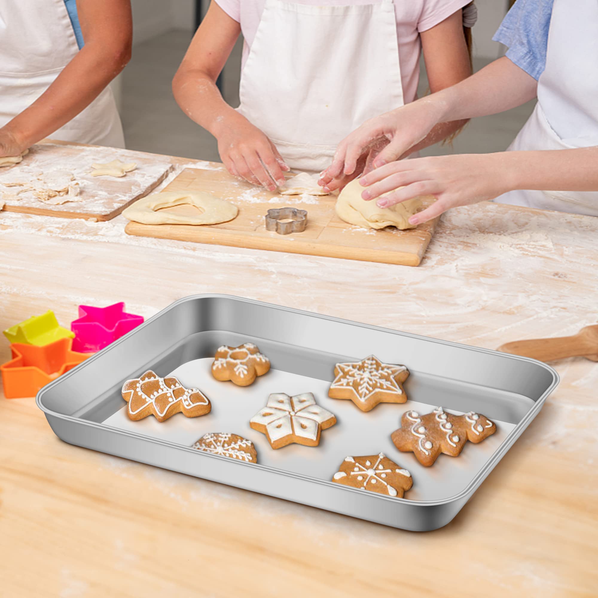 P&P CHEF 3-Piece Stainless Steel Toaster Oven Pan Set with Grid Rack & Silicone Mat - 9 x 7 x 1 Inch Baking Tray, Cooling Roasting Rack, Dishwasher Safe - Perfect for Toasting, Baking, Roasting & Meal Prep in Small Ovens