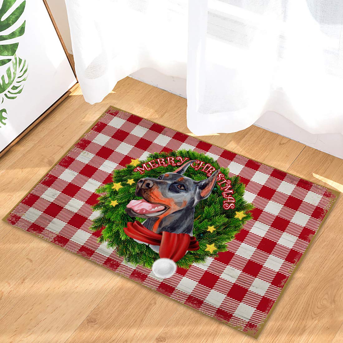 Merry Christmas Doberman Retro Red Plaid Welcome Doormat - Non-Slip Indoor Front Door Mat for Women, Soft Low Profile (18