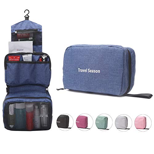 Waterproof Canvas Hanging Toiletry Bag for Travel - Compact Cosmetic Organizer & Dopp Kit with Hooks - Navy Blue Bathroom Accessories Pouch for Camping, Gym, Business Trips & Vacation