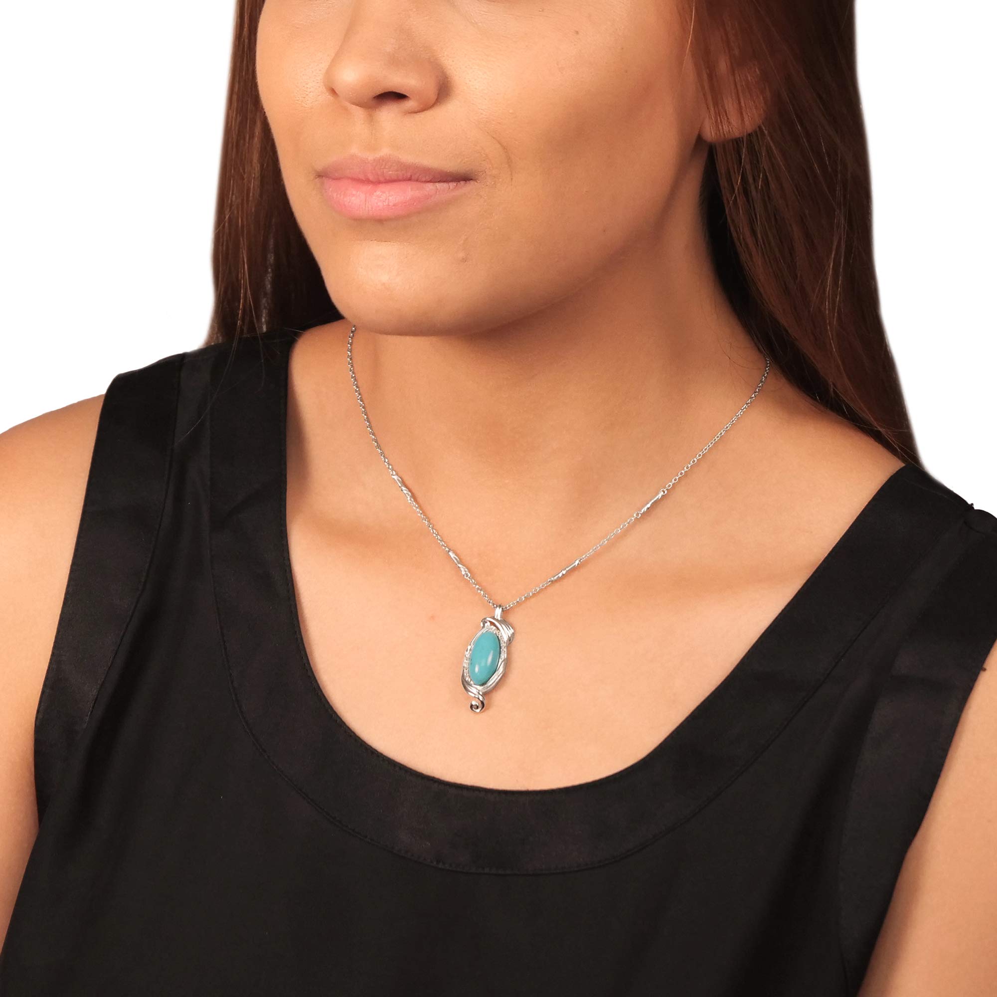 Women's Sterling Silver Elongated Oval Genuine Gemstone Swirl Pendant Necklace | Birthstone Jewelry Gift for Birthday, Wedding & Anniversary | Perfect for Everyday Wear, Date Night & Special Occasions