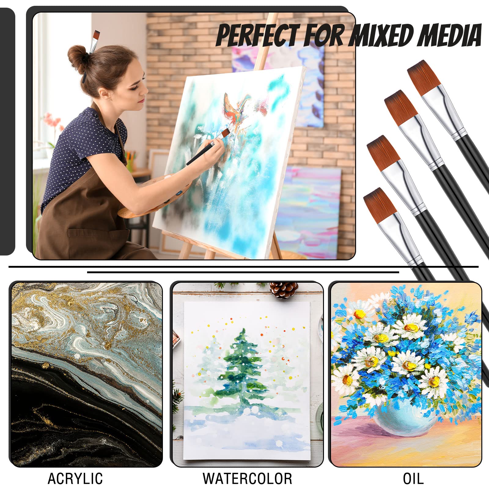 Zonon 20-Piece Flat Paint Brushes Set - Professional Acrylic, Watercolor & Oil Painting Brushes for Canvas, Face & Detail Artwork (1 Inch, Black) - Perfect for Artists, Hobbyists & DIY Craft Projects