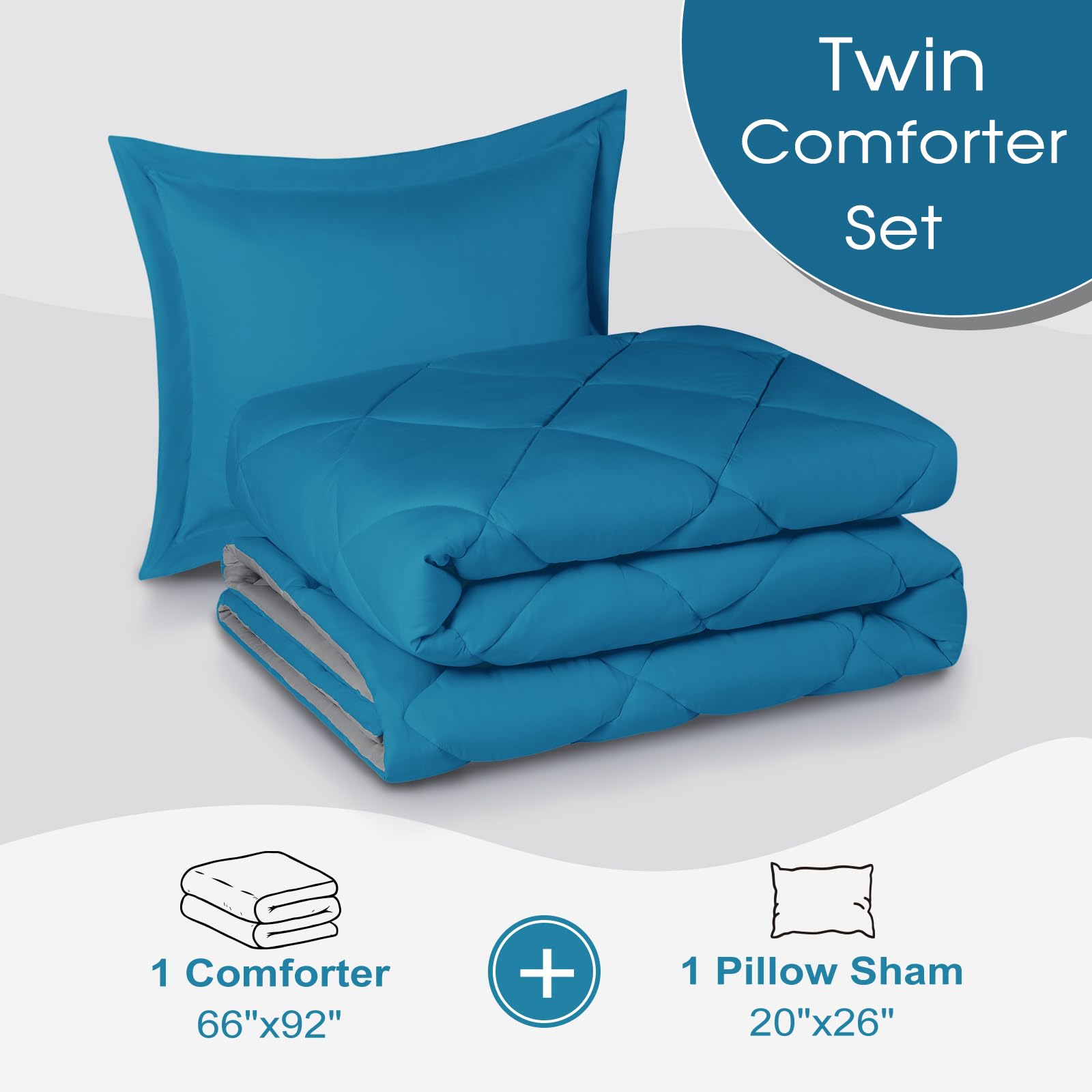 Basic Beyond Twin Comforter Set - Reversible All-Season Blue & Charcoal Gray Bedding (66