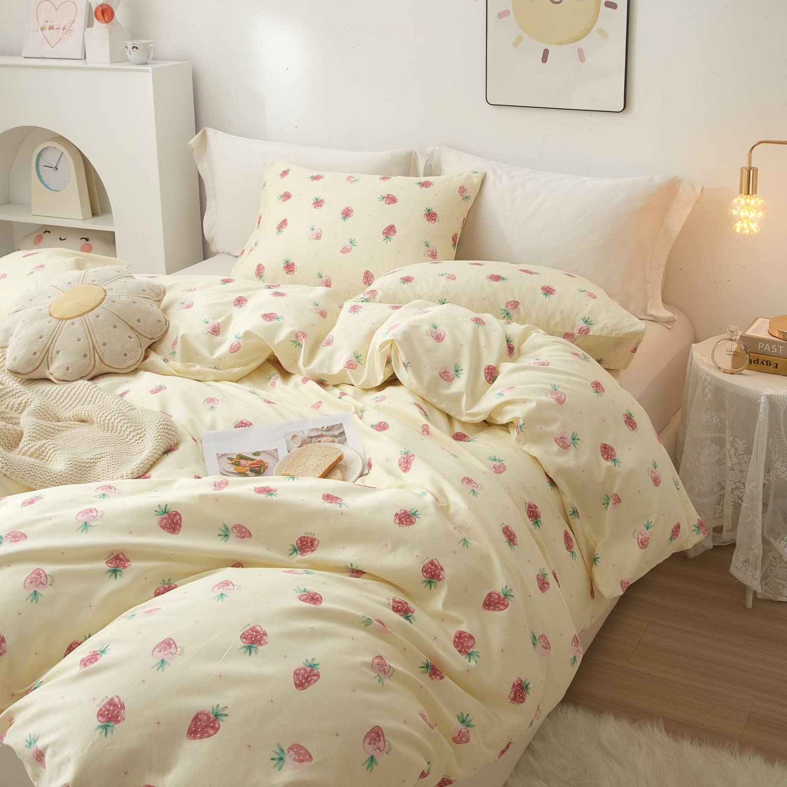 Soft AOJIM 100% Pure Cotton Kids Duvet Cover Set with Cute Strawberry Print - Twin Size Reversible Comforter Cover + 2 Pillowcases (3pc) for Girls' Bedroom Decor | Machine Washable & Hypoallergenic | Perfect for Nursery, Sleepovers & Cozy Bedtime