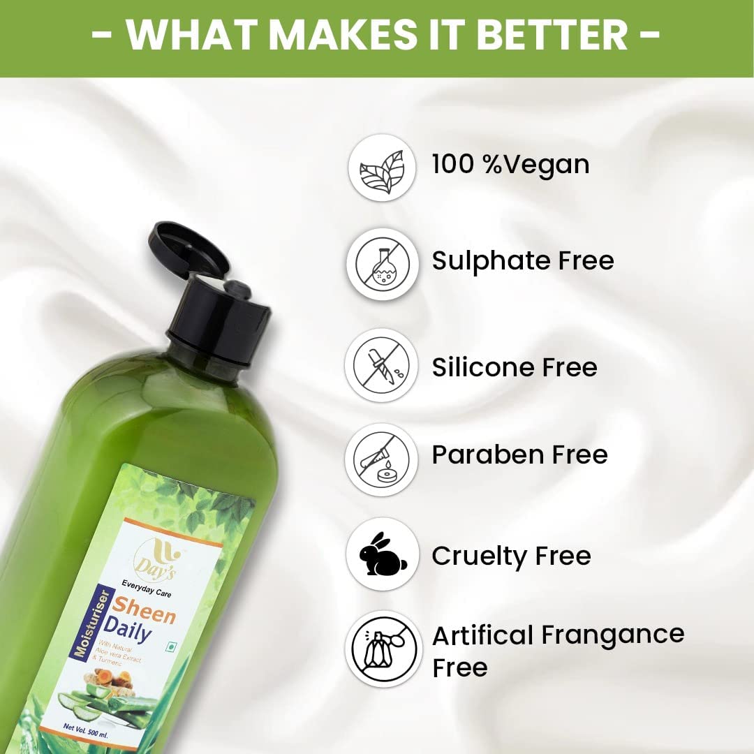 DAY'S Daily Sheen Moisturizer with Aloe Vera, Turmeric & Shea Butter - 500ml Hydrating Lotion for Dry Skin | Pack of 1 | Perfect for Daily Face & Body Care, Post-Shave Relief & Winter Skin Protection