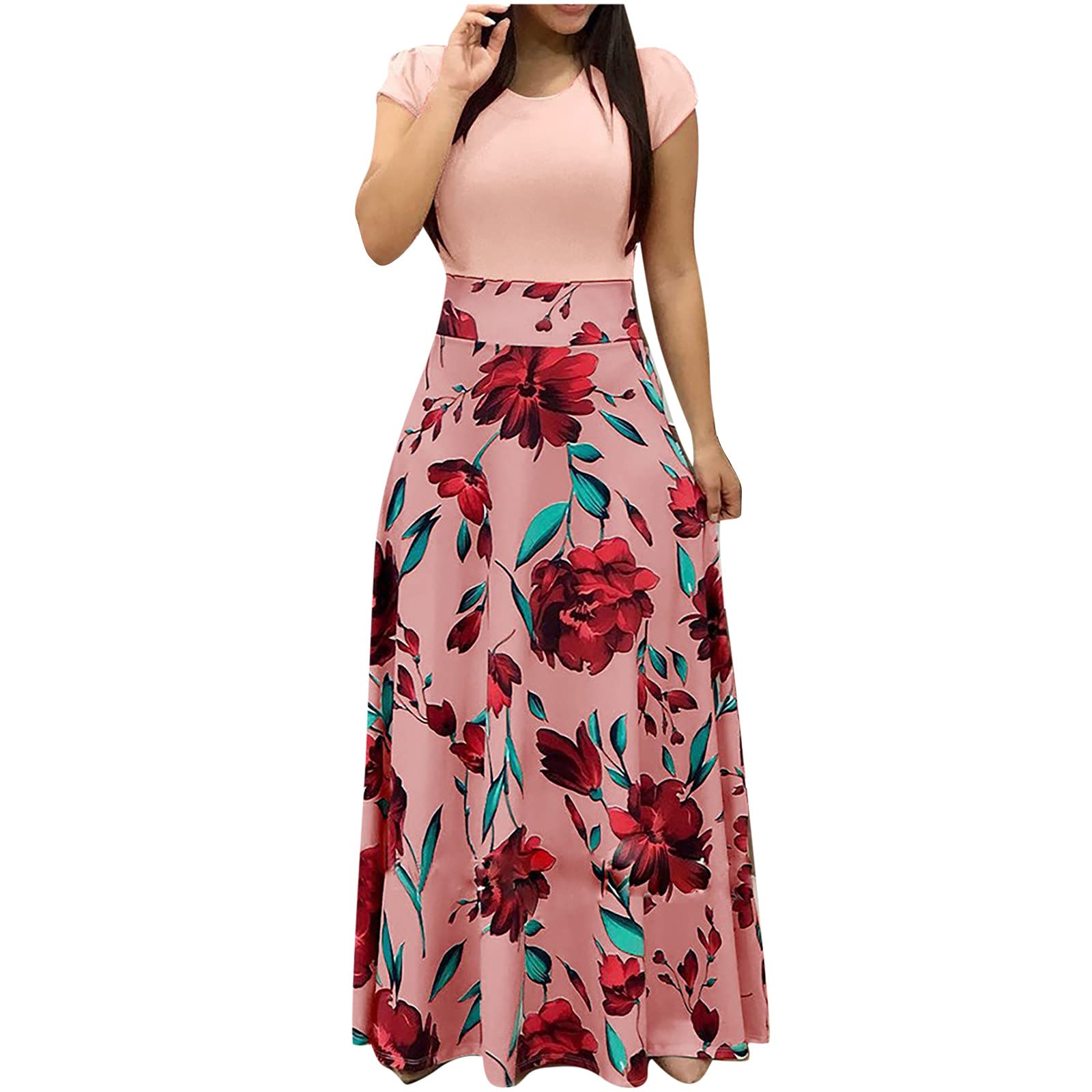 Vintage Floral Maxi Dress for Women - Patchwork Print, O-Neck, Long Summer Casual Dress with Short Sleeves | Perfect for Beach, Vacation, and Everyday Wear