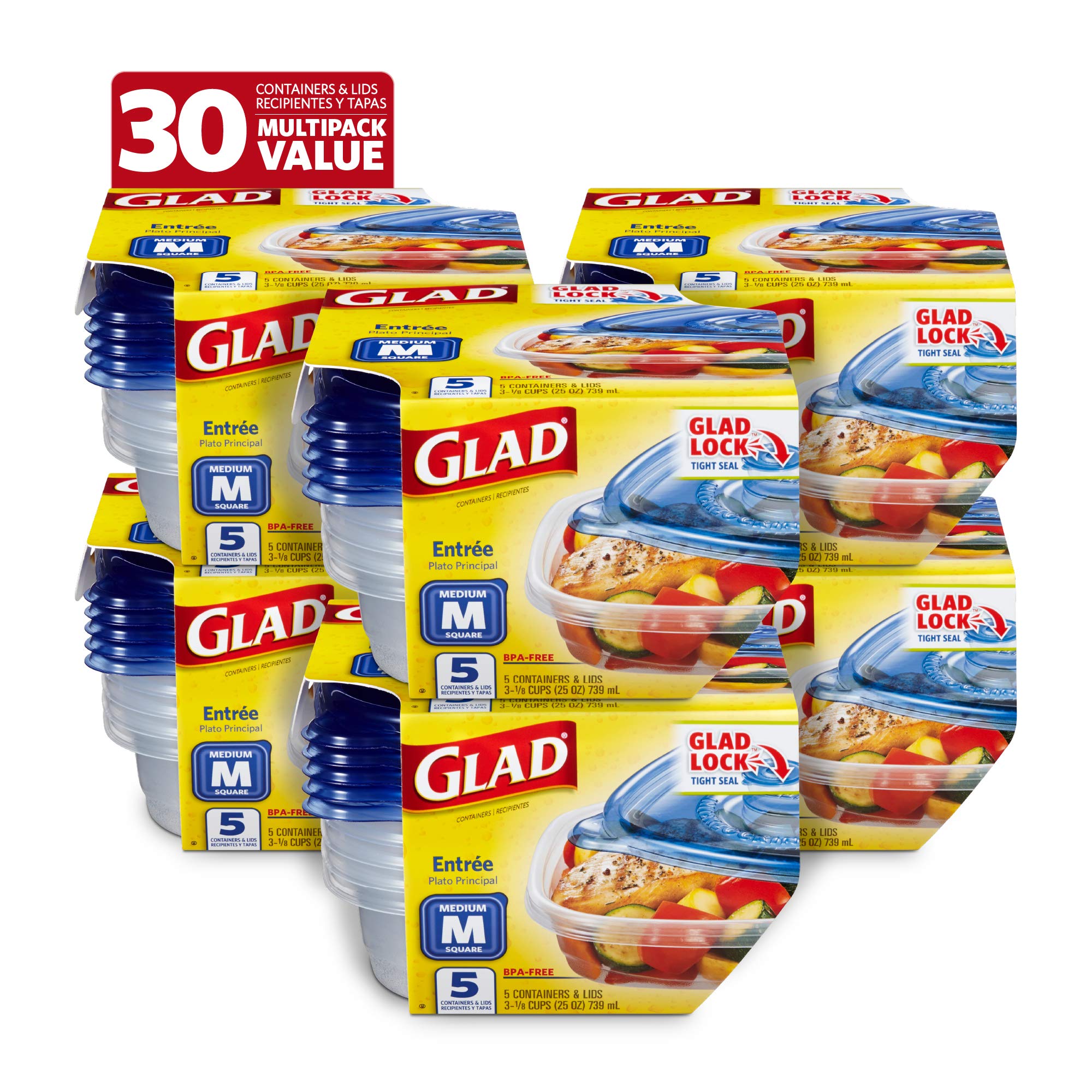 Glad 5-Count Food Storage Containers, 6-Pack (30 Total) - Airtight BPA-Free Plastic Containers for Meal Prep, Leftovers, Snacks & Desserts | Ideal for Kitchen, Office & Picnics