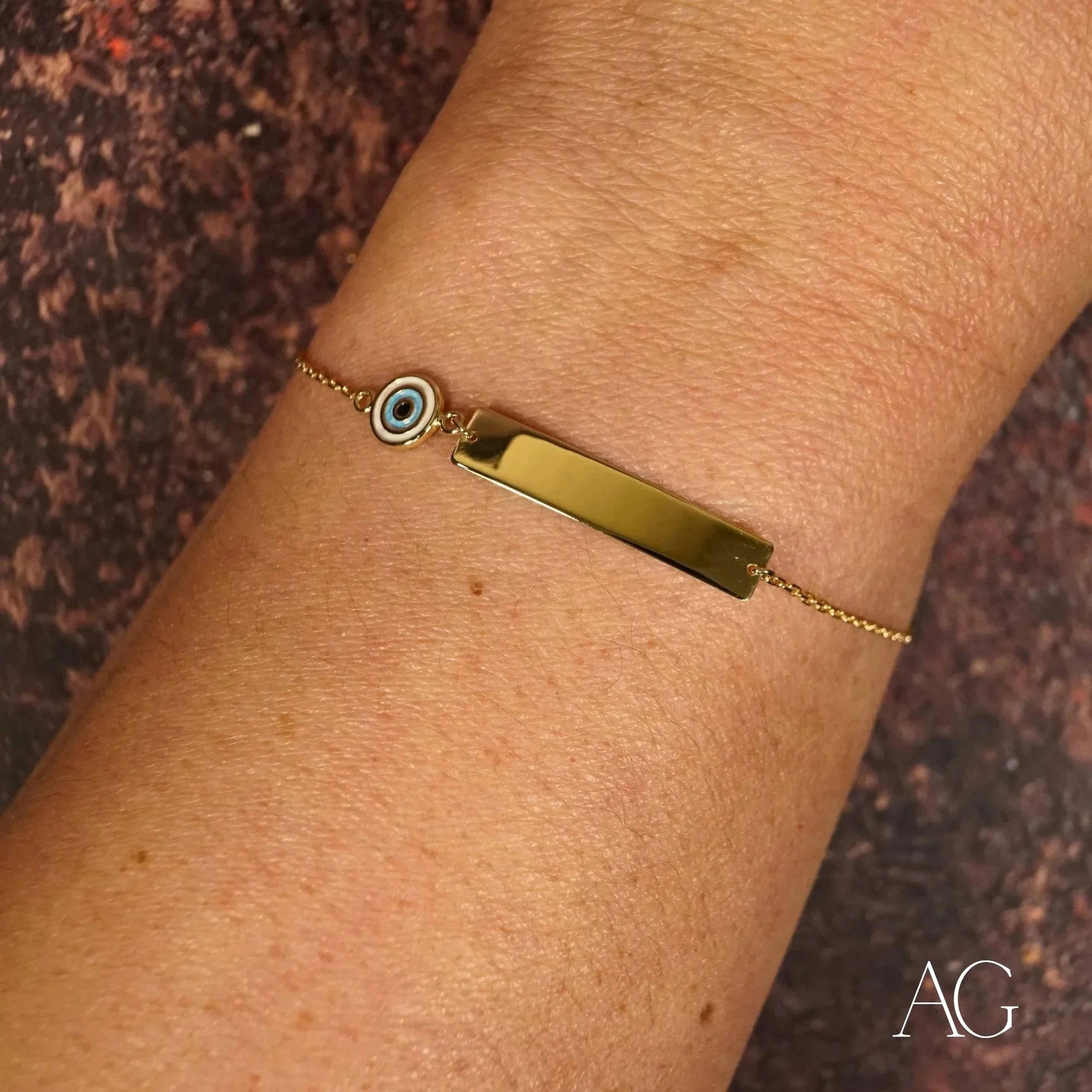 Solid Gold Kids ID Bracelet with Evil Eye Motif - Personalized Name & Birthday Jewelry for Children - Perfect for Birthdays, Gifts & Protection
