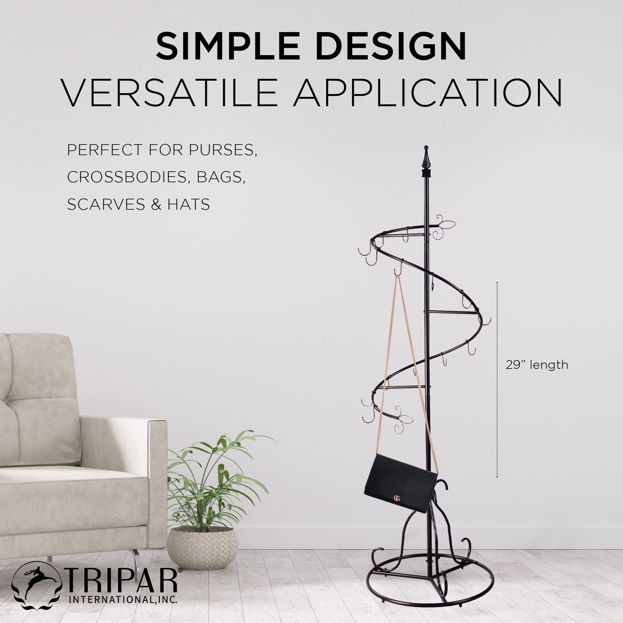 TRIPAR 74-Inch Brown Metal Jewelry Organizer Stand with 15 Hooks - Spiral Purse Tree, Coat & Handbag Hanger for Bedroom, Closet & Boutique Display