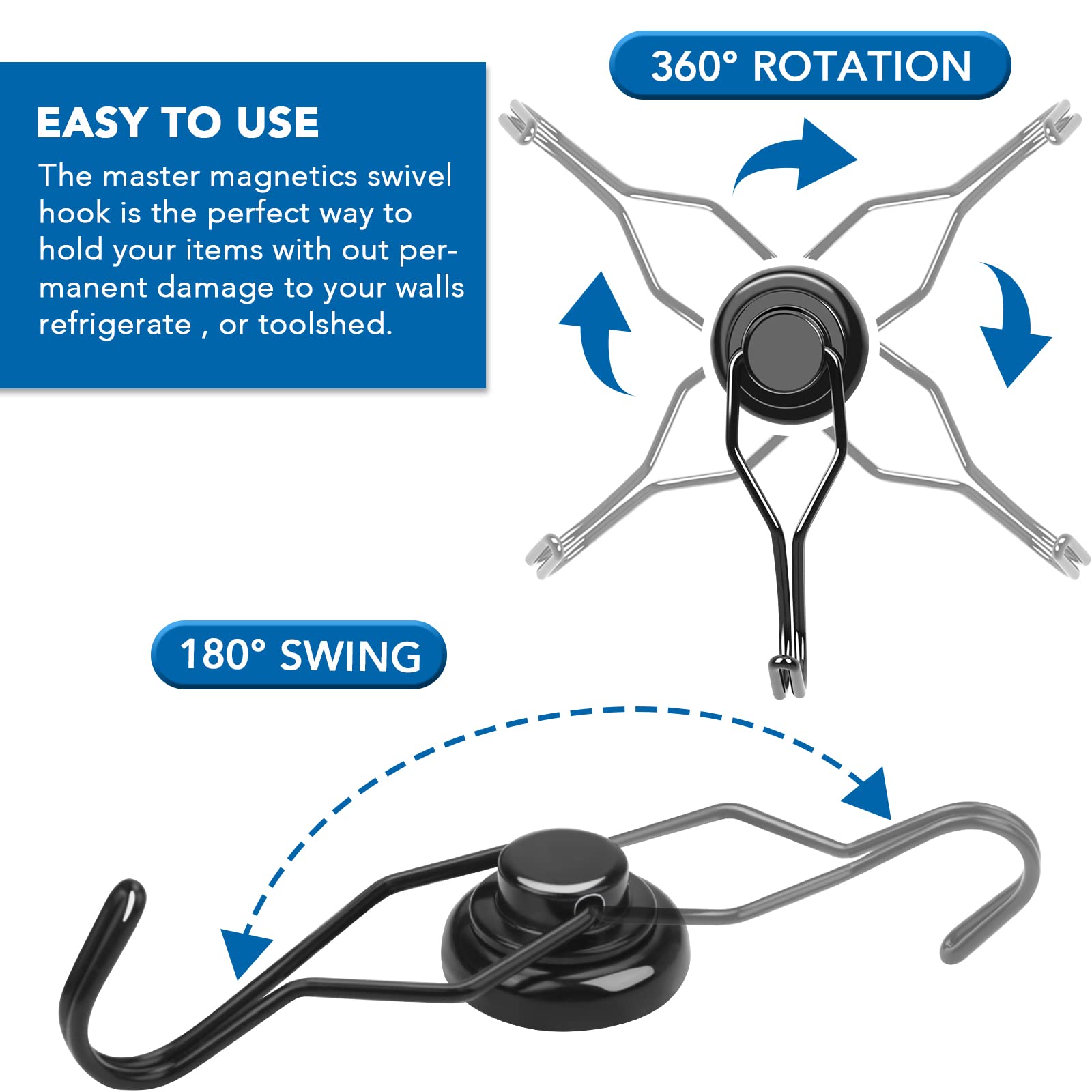LOVIMAG 8-Pack Magnetic Hooks for Garage, Cruise & Home Storage - Black