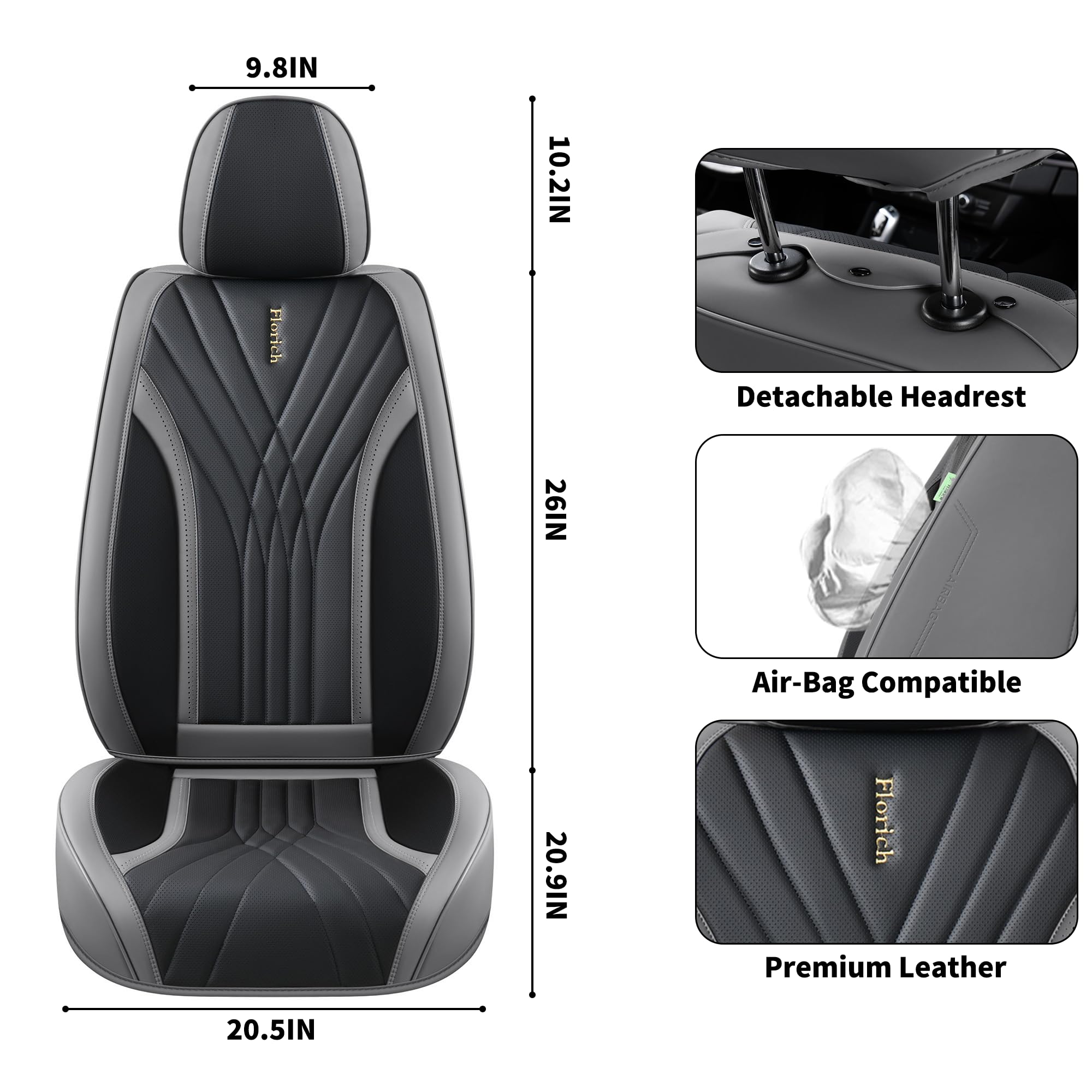 Premium FLORICH Leather Car Seat Covers - 2-Piece Waterproof Front Seat Protectors for Sedan, SUV & Pickup Trucks | Luxury Leatherette Gray Cushion Covers for Comfort & Style | Perfect for Daily Commute, Road Trips & Family Protection