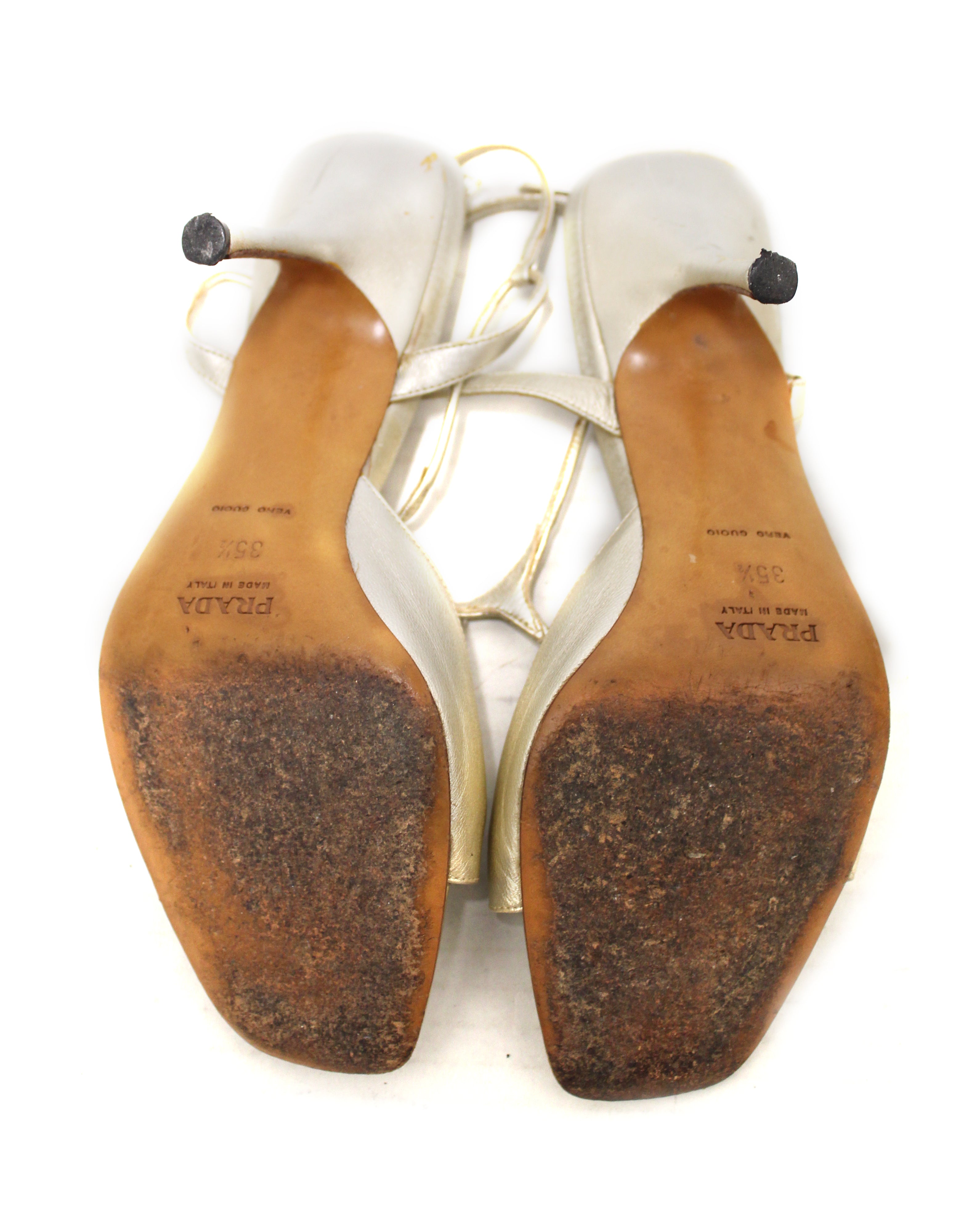 Authentic Prada Silver Thin Strap Sandal Heels Women's Size 35.5 - Elegant Summer Party & Wedding Shoes for Women