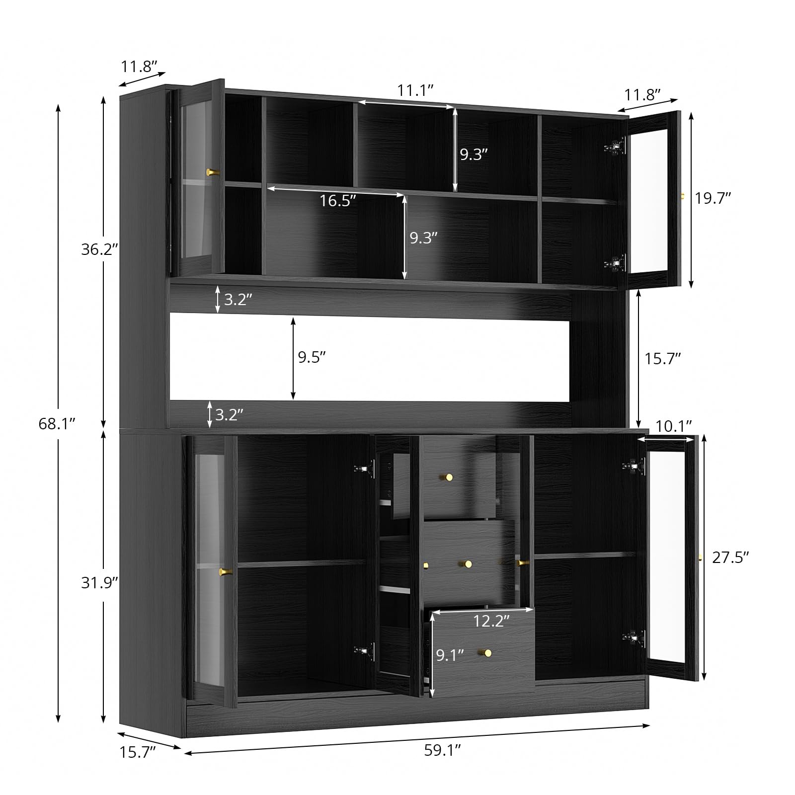VOWNER Large Kitchen Hutch Cabinet - 6 Glass Doors, 3 Drawers & Microwave Shelf, Freestanding Pantry Storage Cupboard for Kitchen Open Storage (Black) - Perfect for Modern Kitchens & Dining Areas