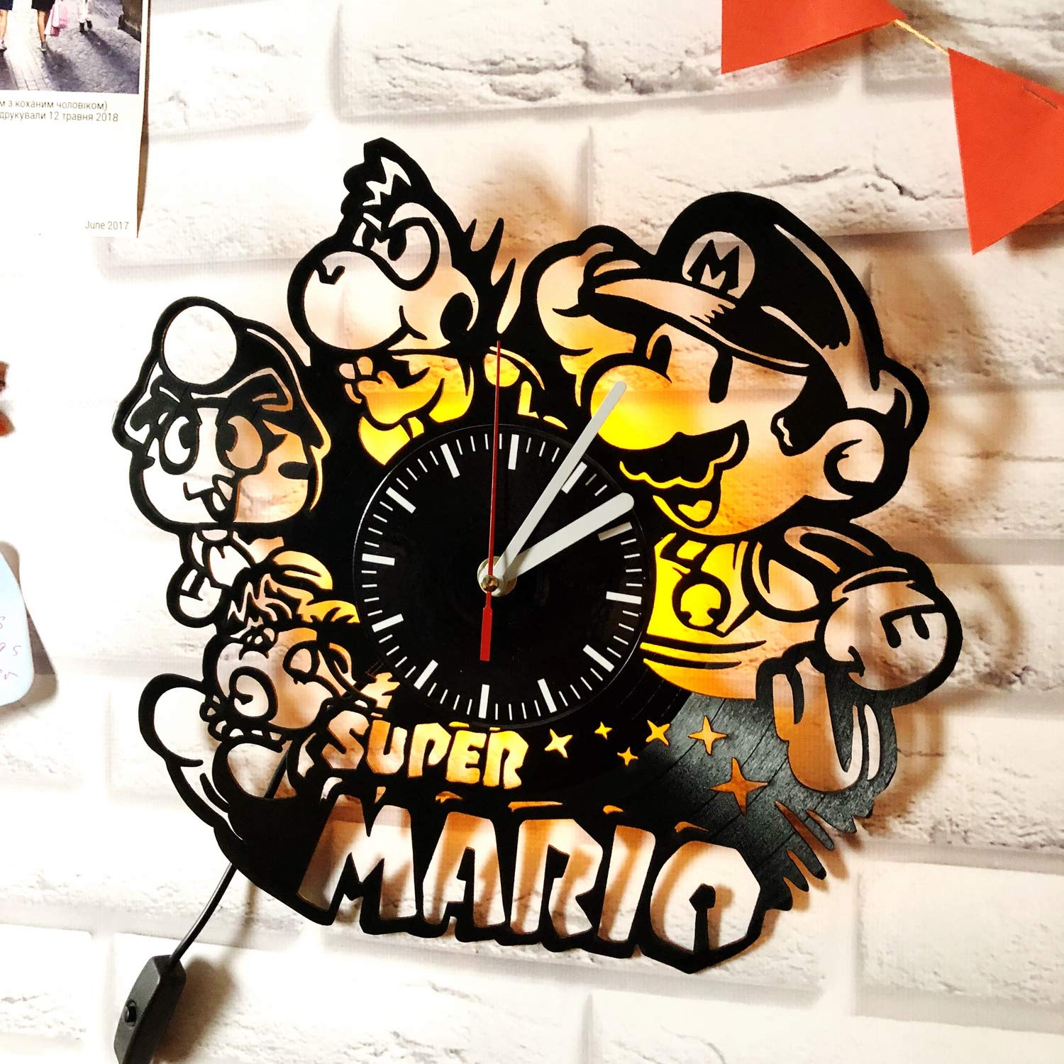 Super Mario LED Wall Clock with Backlight - Retro Gaming Room Decor, Vinyl Night Light for Bedroom & Living Room - Cool Gift for Gamers (Yellow) | Perfect for Game Themed Parties & Home Decor