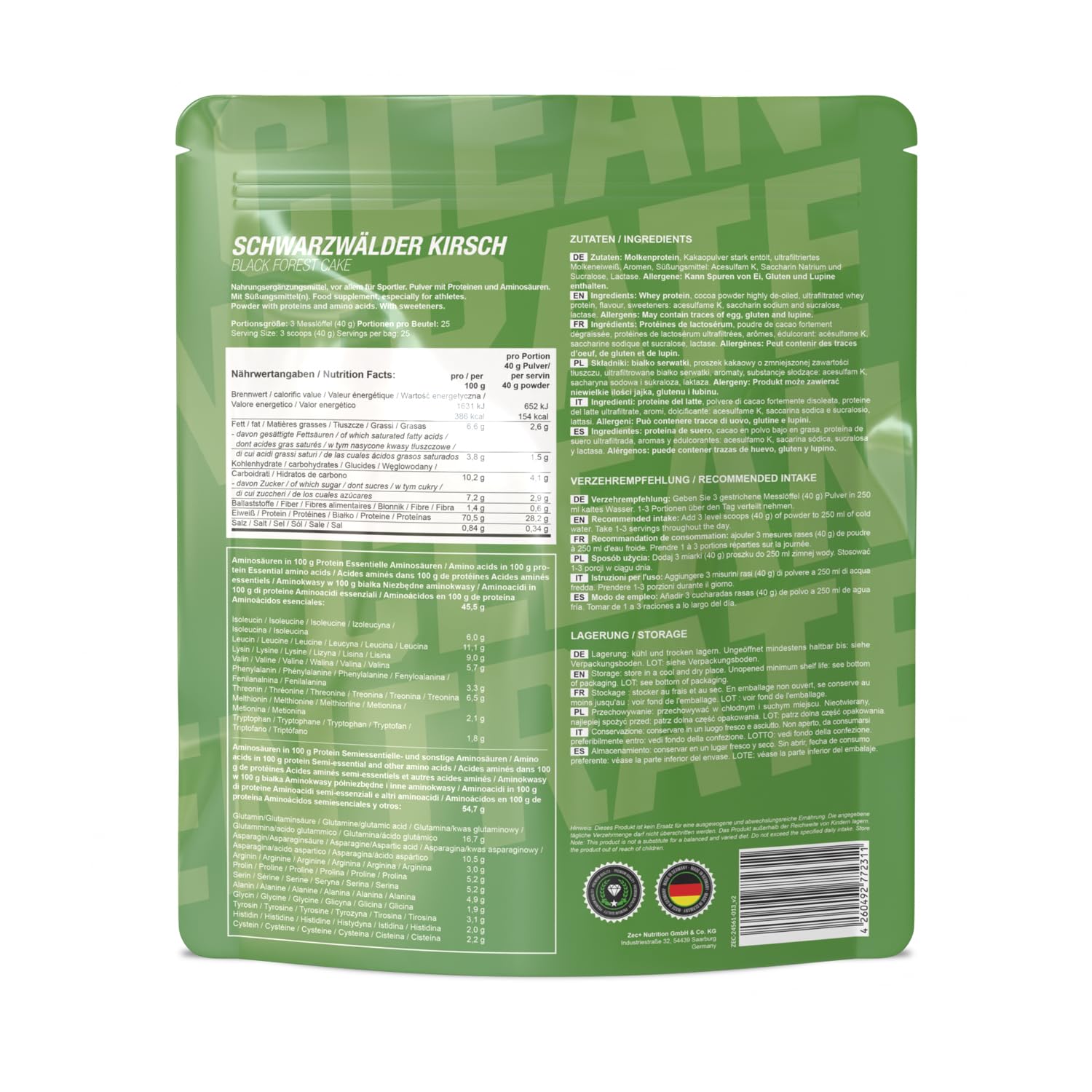 Zec+ Nutrition Clean Concentrate Black Forest Cake Protein Powder - 1500g (3.3 lb) for Muscle Recovery & Weight Management | Perfect for Post-Workout Shakes & Healthy Desserts