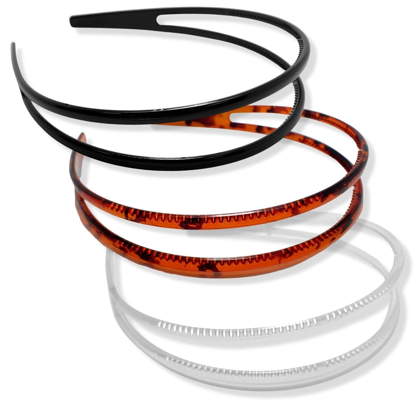 Topkids Plastic Double & Triple Row Alice Headbands for Women & Girls - 3 Pack (Black, Tortoise, Clear) - Fashion Hair Bands with Thin Teeth Comb for School, Work & Special Occasions