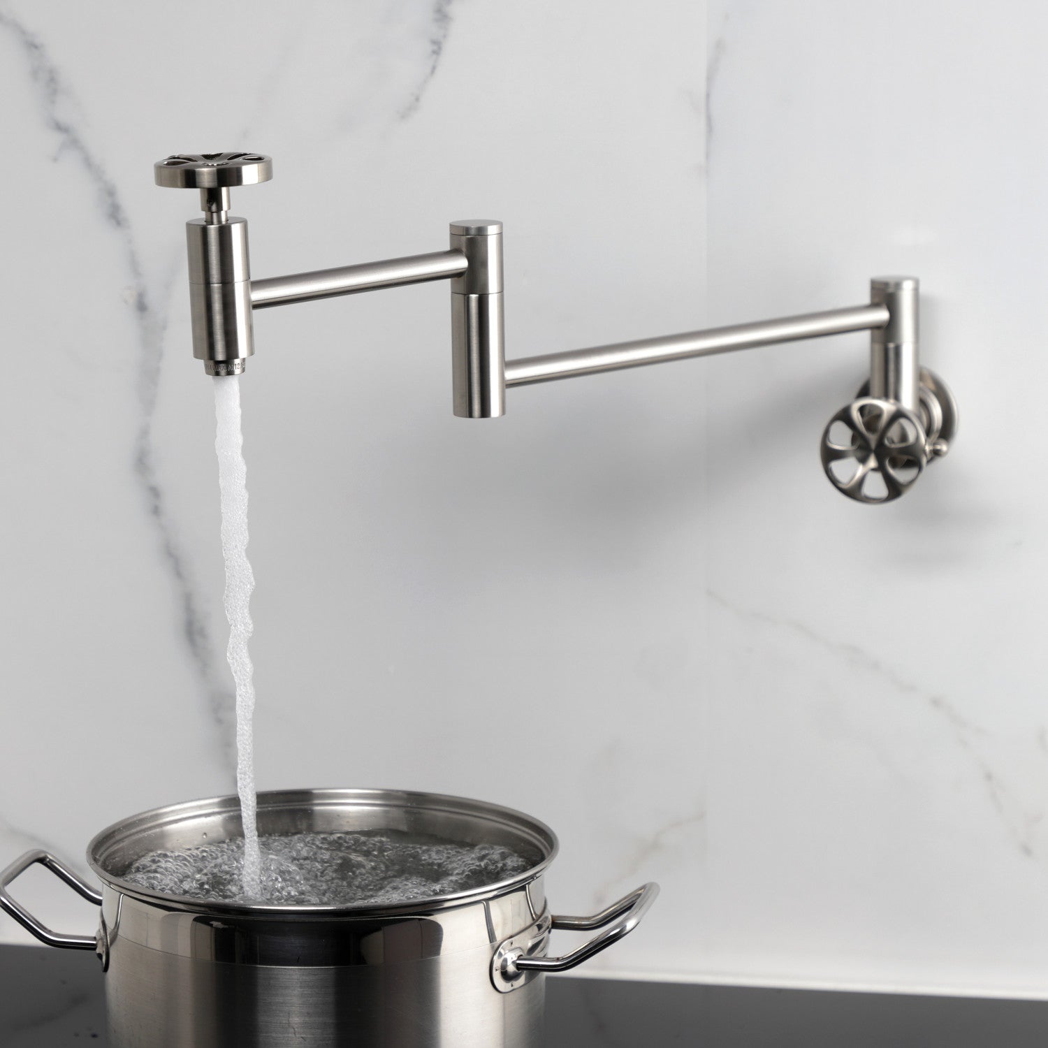Belknap KS8108RX Brushed Nickel Two Handle Wall Mount Pot Filler Faucet - Perfect for Kitchen Sink, Stove & Cooking Area