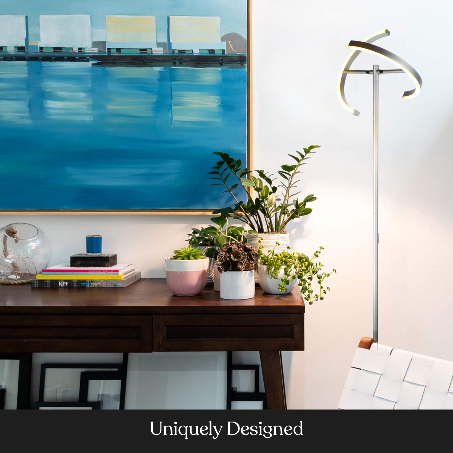Brightech Halo Split LED Floor Lamp - Dimmable Modern Torchiere Standing Light for Office, Living Room & Bedroom - Adjustable Rotating Angles in Platinum Silver - Perfect for Reading, Working & Ambient Lighting