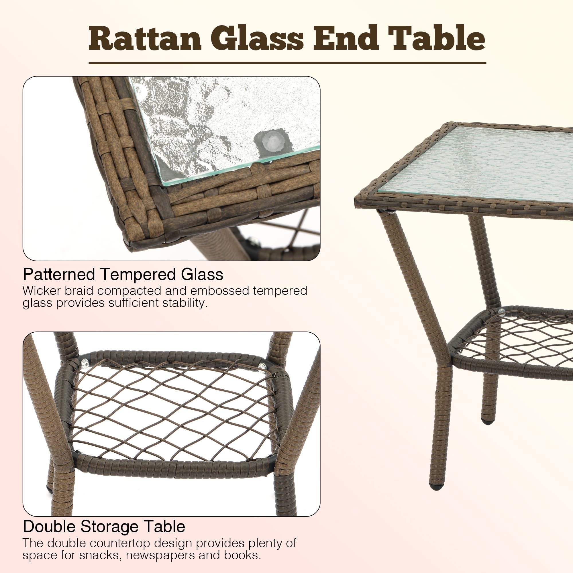 3-Piece Outdoor Wicker Rocking Chair Set with Cushions & Glass-Top Coffee Table - Rattan Patio Conversation Bistro Set for Porch, Backyard, Garden - Beige - Perfect for Relaxing, Entertaining & Outdoor Lounging