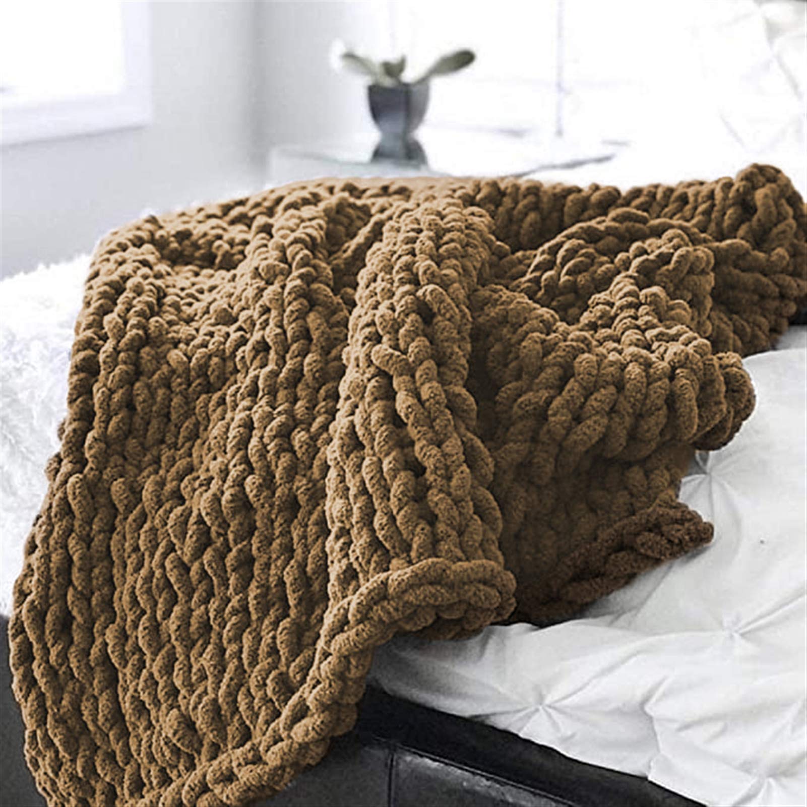 Luxury Chunky Knit Blanket - Soft Chenille Yarn Hand Knitted Plush Throw for Bed, Couch & Sofa - Machine Washable Cozy Home Decor (Brown, 46.8