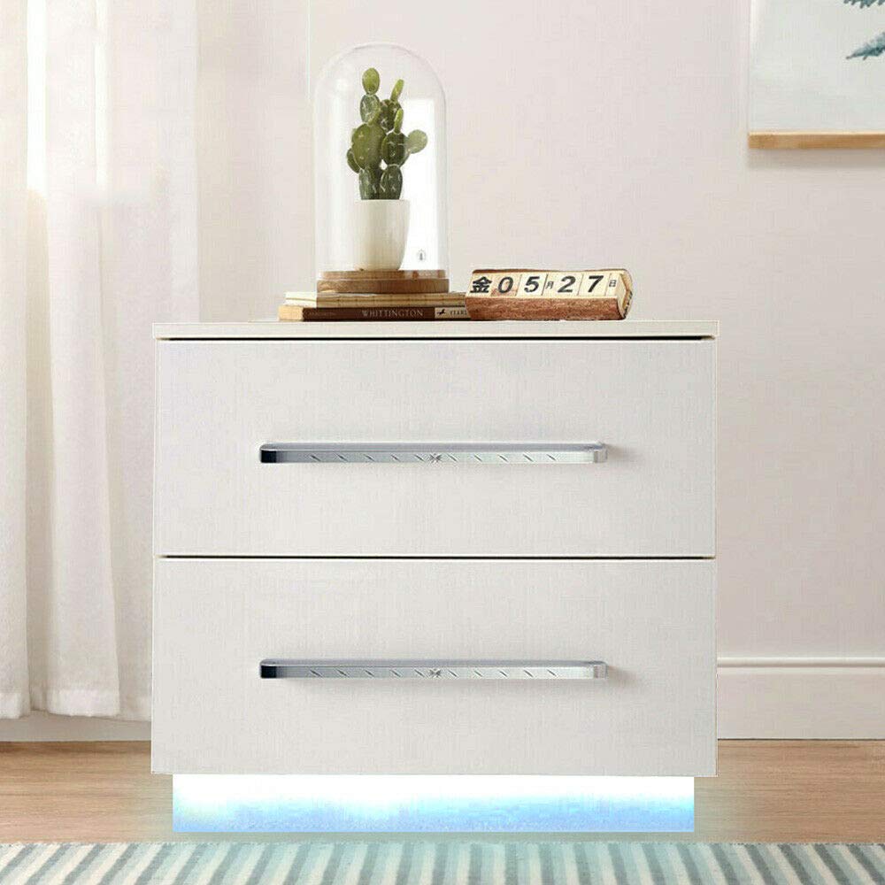 Modern White Nightstand with LED Lights - 2 Drawer Bedside Table with Remote Control | Particle Board End Table with Adjustable Yellow Lighting | Perfect for Bedrooms, Living Rooms & Small Spaces