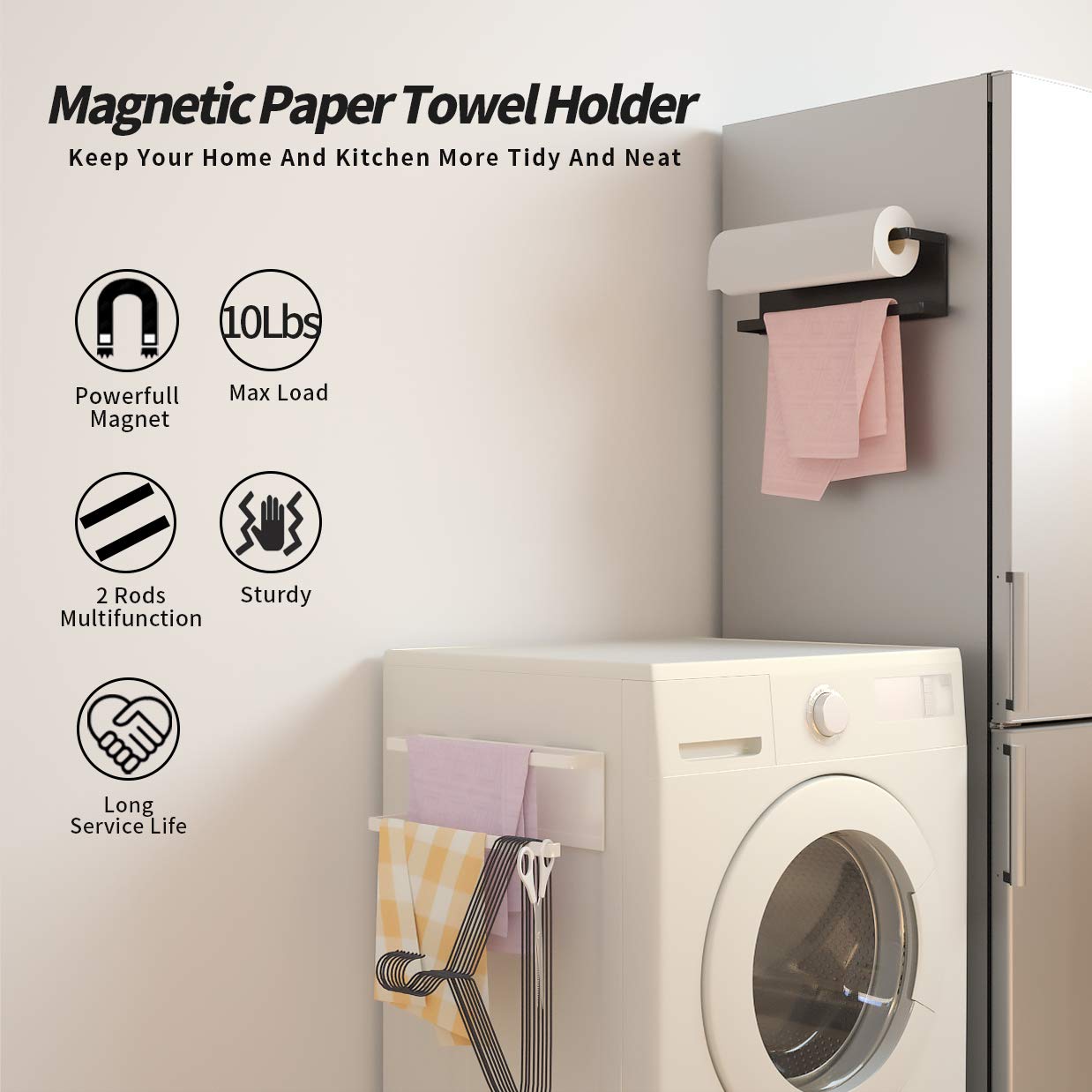 Magnetic Paper Towel Holder for Refrigerator - Strong Iron Kitchen Towel Bar & Multi-Functional Paper Rack - No Drill Installation for Kitchen, Bathroom, Toilet (Black, Medium) - Perfect for Hands-Free Cleaning & Space-Saving Organization