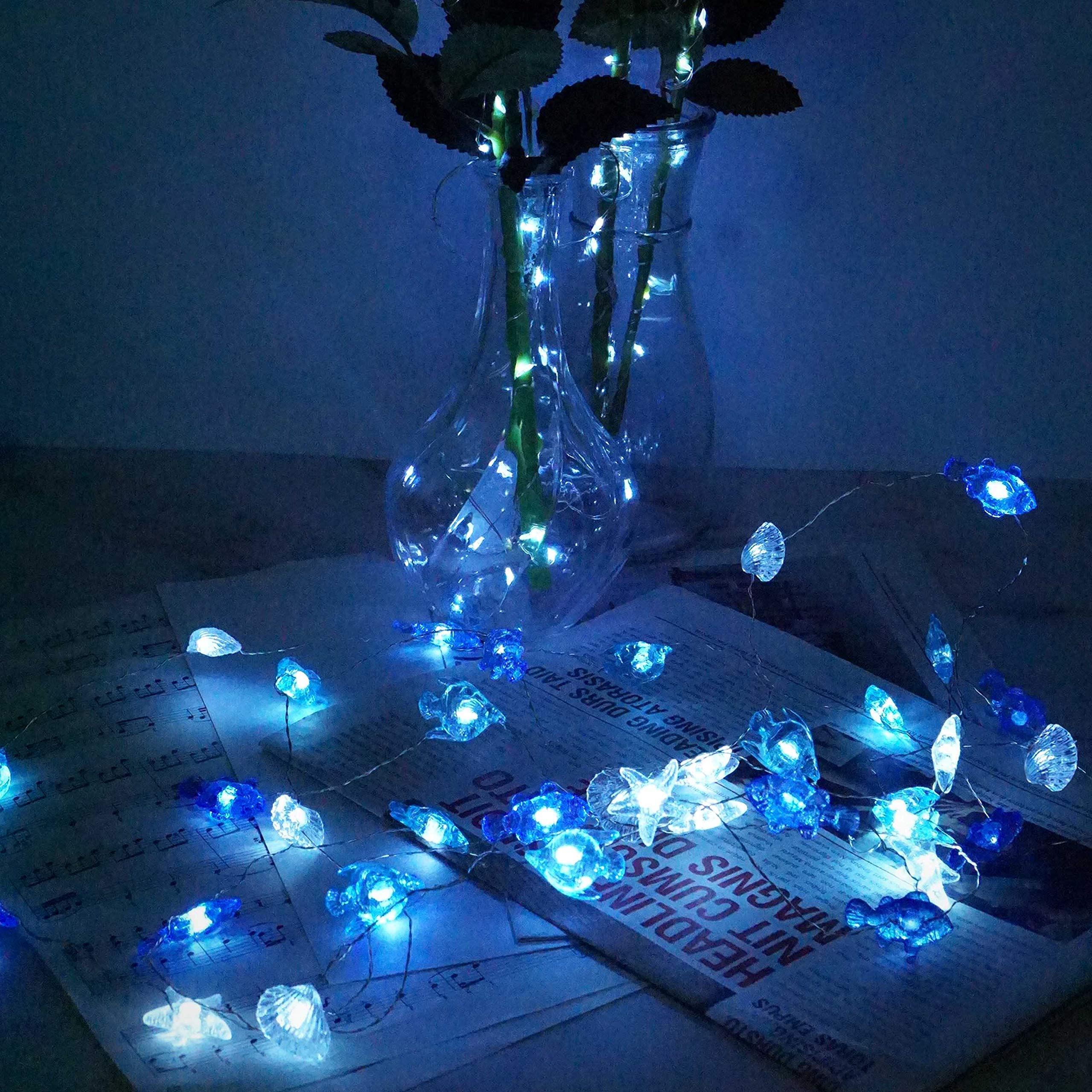Decorman Sealife String Lights 14ft 40 LED Waterproof Outdoor Lights - 8 Lighting Modes, Remote Control & Timer - Cool White Battery Powered Fairy Lights for Bedroom, Wedding, Party, Garden, Patio Decor