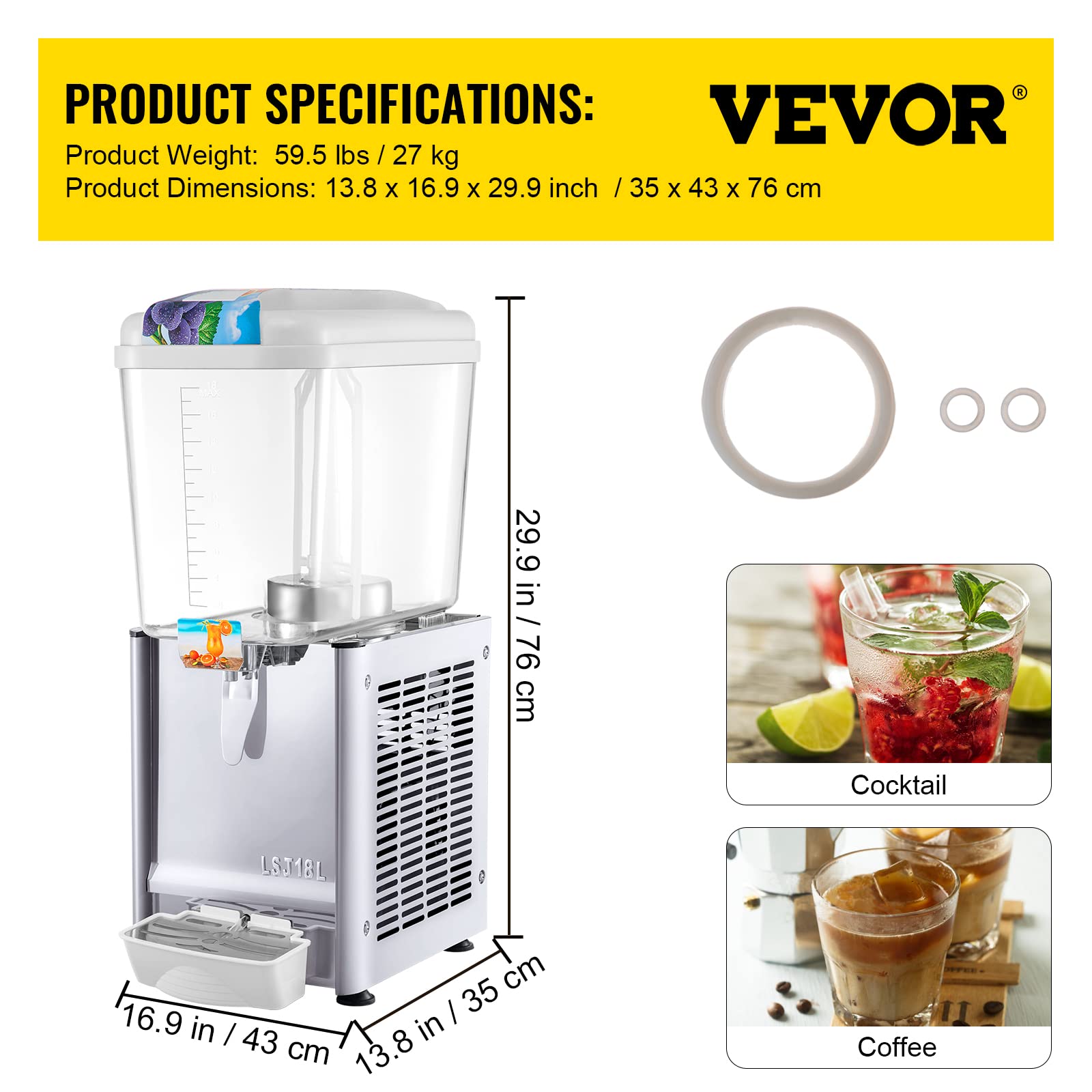 VEVOR 110V Commercial Beverage Dispenser, 4.8 Gallon (18L) Stainless Steel Juice & Iced Tea Dispenser with Thermostat Control - 200W Food-Grade Drink Dispenser for Restaurants, Cafes, and Catering Events