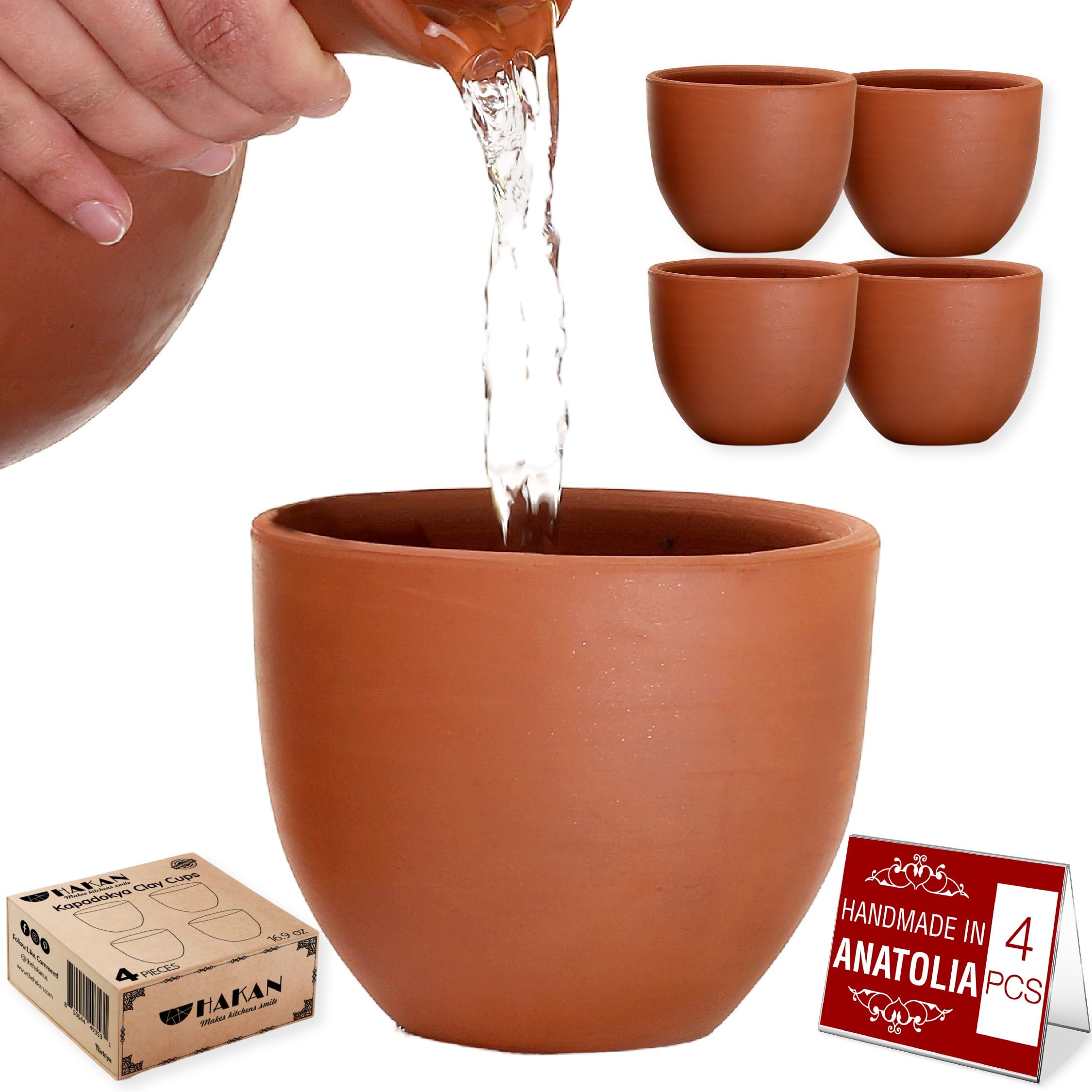 Handmade Hakan Kapadokya 16.9 oz Pottery Mug Set of 4 - Unglazed Clay Cups for Coffee, Tea & Beverages - Earthenware Flower Pots & Decorative Bowls - Perfect for Home Decor, Gifts & Rustic Kitchen Use