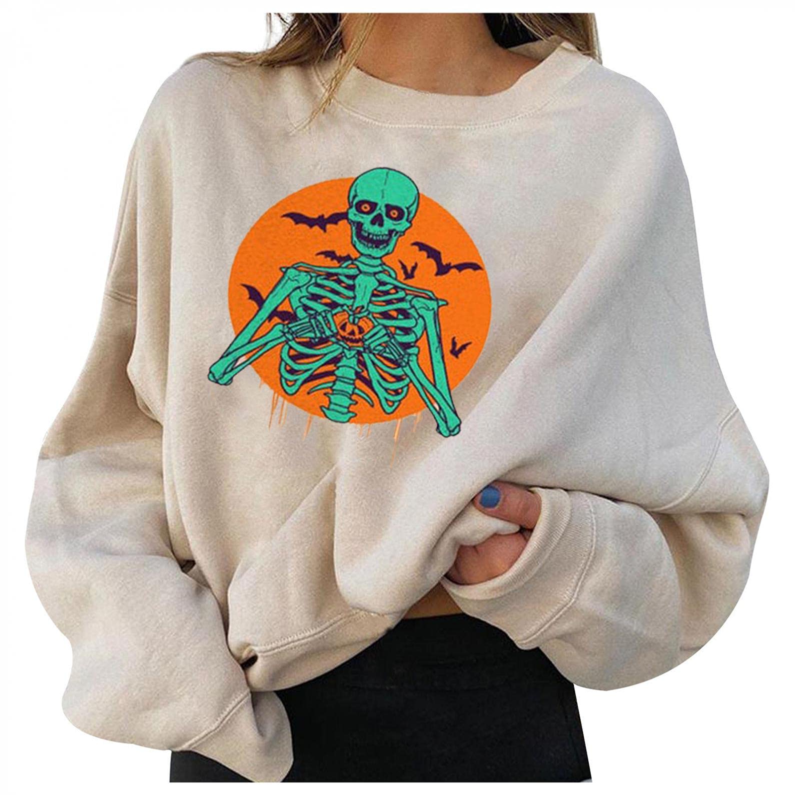 GUOBIOZIY Women's Halloween Pullover Sweatshirt - Cute Graphic Long Sleeve Loose Fit Casual Sweater | Perfect for Halloween Parties, Fall Outfits & Cozy Seasonal Wear