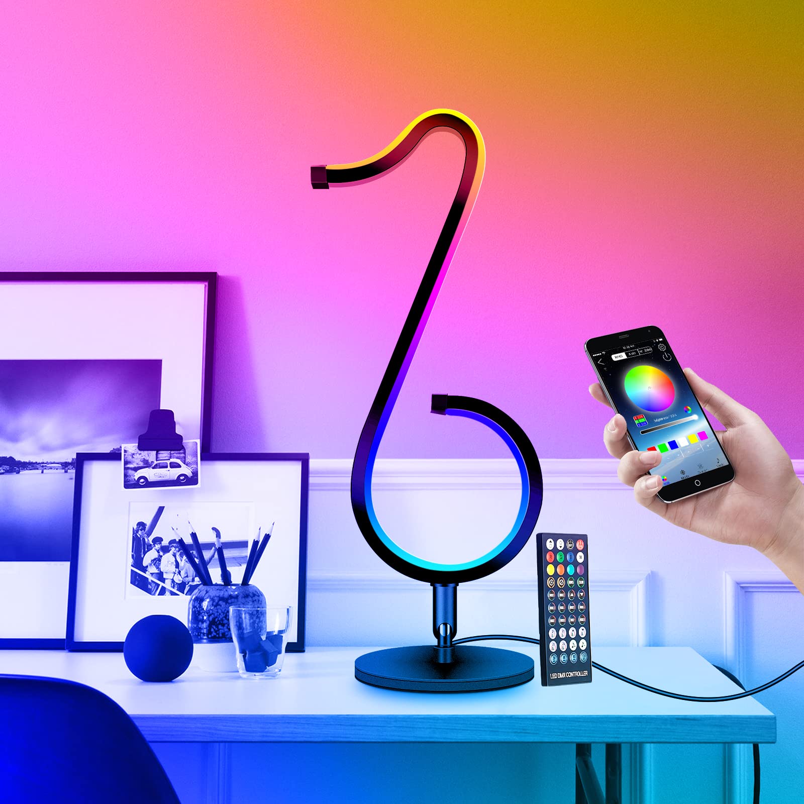 Smart RGBIC LED Table Lamp with Bluetooth & Dimmable - 210 Color Modes, APP & Remote Control for Bedroom, Office Decor - Warm White to Color Changing Night Light, TikTok Cool Gift Idea for Home & Gaming Setup