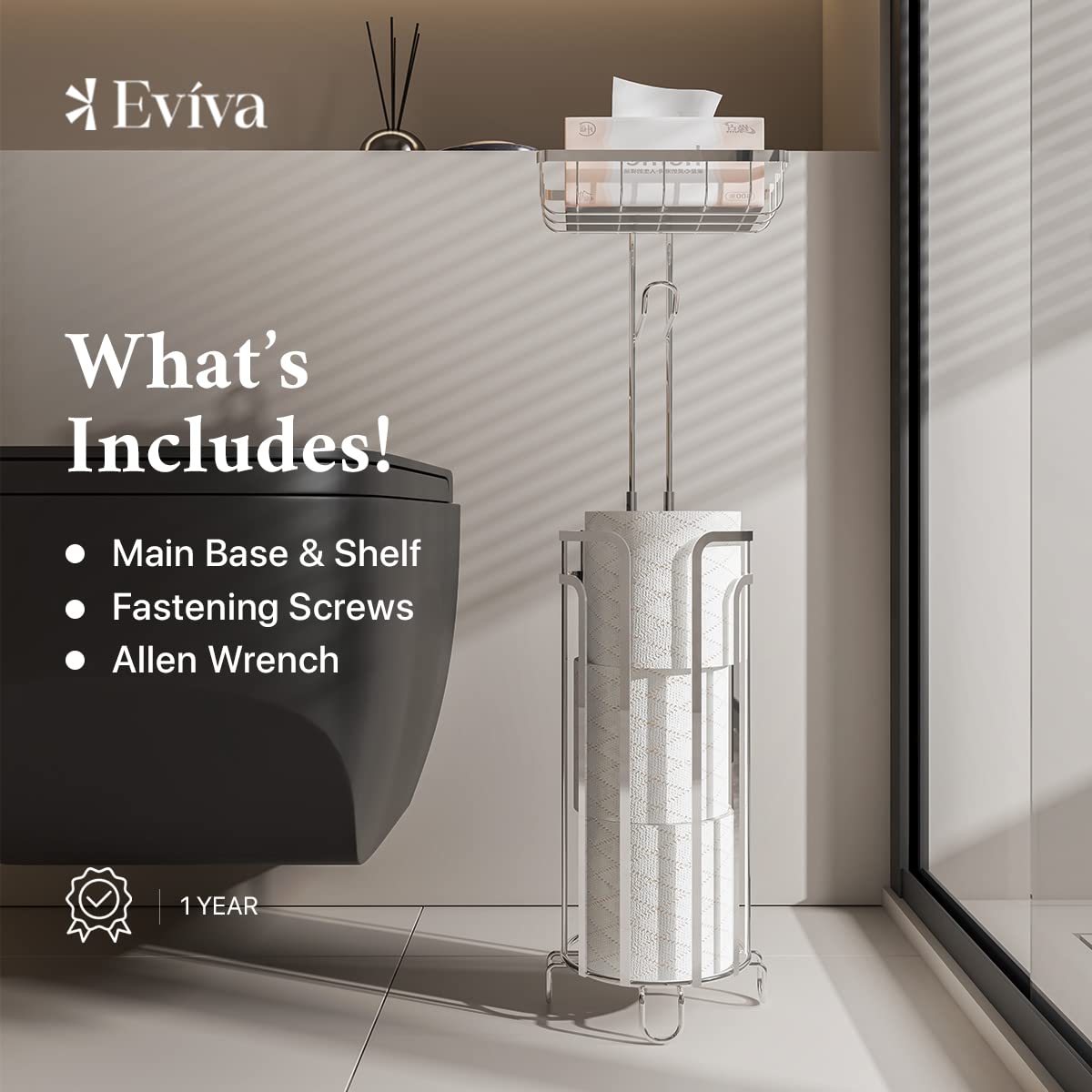 Eviva Chrome Phone Shelf & Toilet Paper Holder - Bathroom Organizer for Smartphones, Tissues & Essentials | Perfect for Home, Office & RV Use