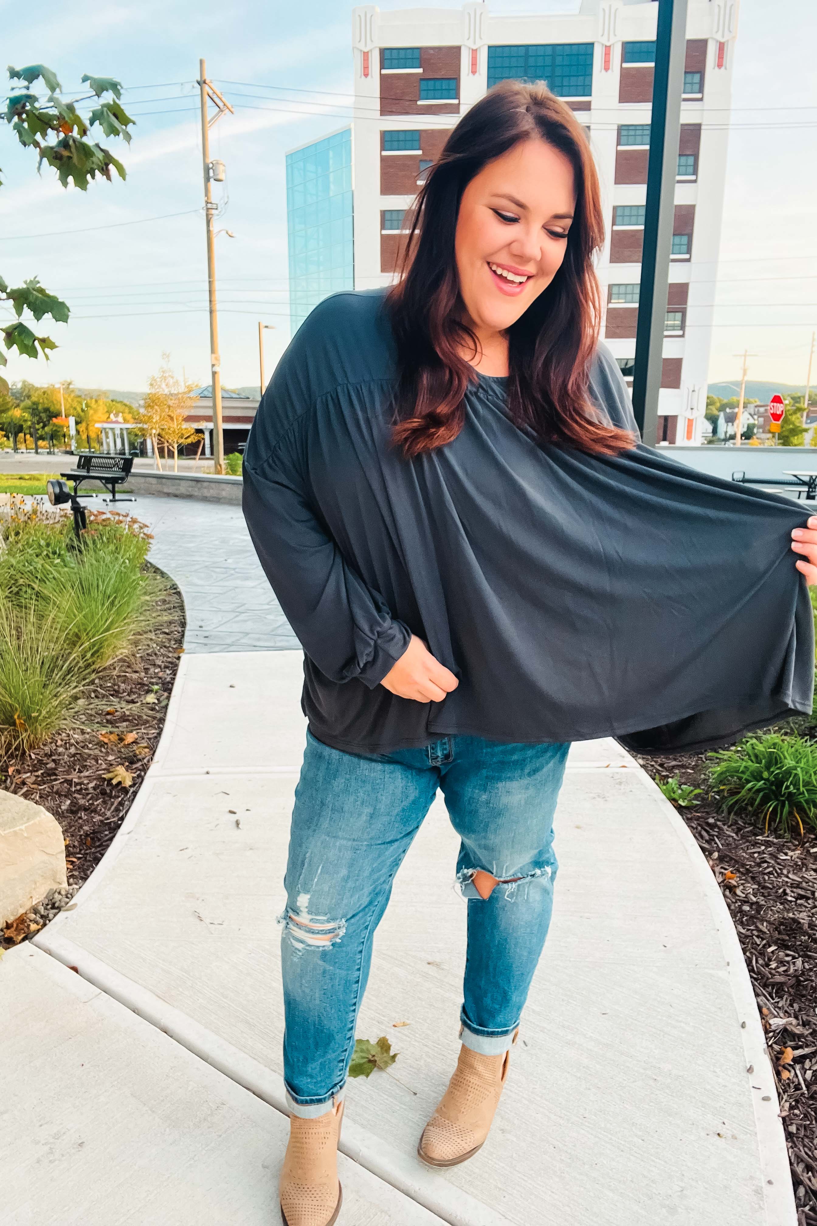 Stylish Charcoal V-Neck Modal Knit Top for Women - Comfortable & Breathable Casual Wear for Office, Date Night & Everyday Outfits