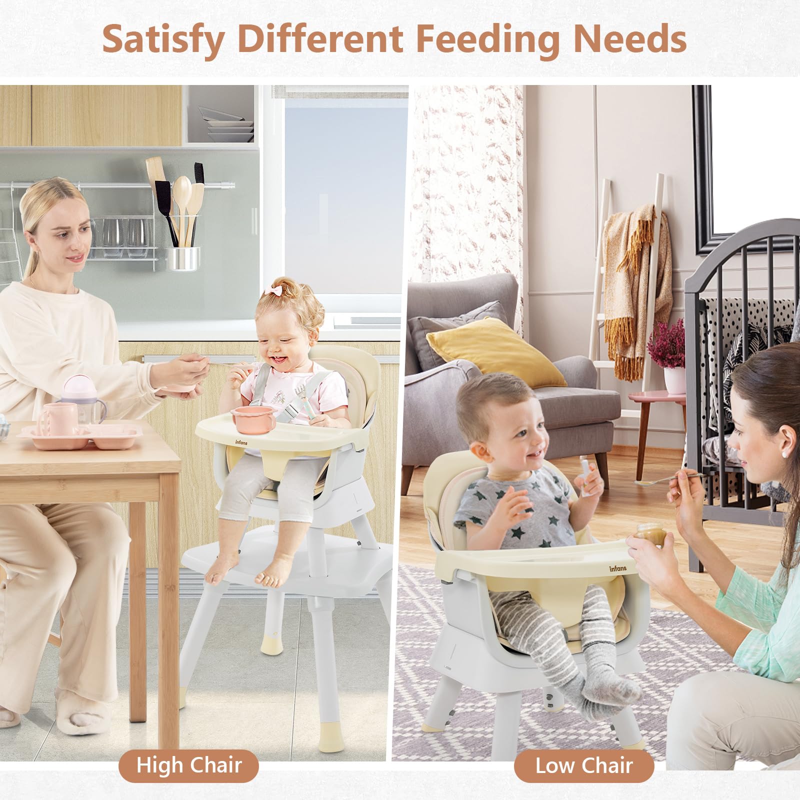 INFANS 8-in-1 Convertible Baby High Chair for Infants & Toddlers - Adjustable Dining Booster Seat, Building Block Activity Table, Kids Stool & Chair Set with Removable Tray | Perfect for Feeding, Playtime & Learning at Home or Daycare