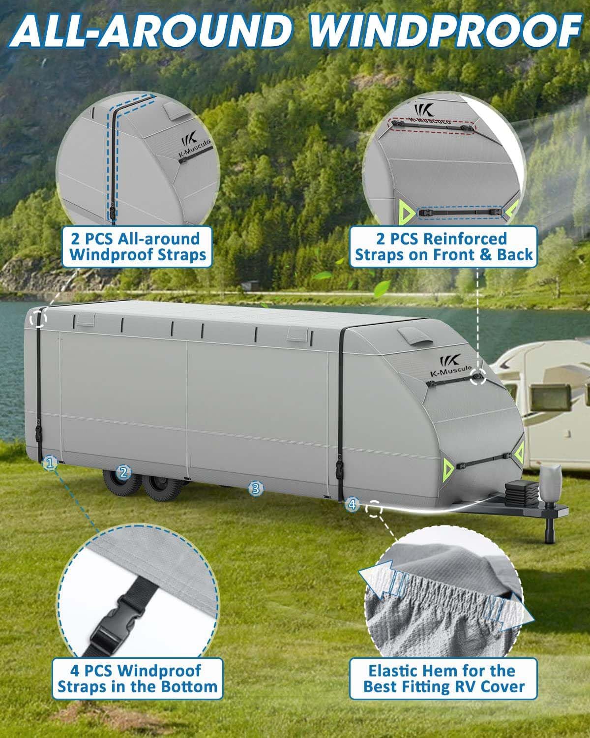 **K-Musculo Heavy Duty RV Cover for 20-22 FT Travel Trailers – 8-Layer Reinforced Corners, Windproof & Waterproof Camper Cover with 4 Tire Covers & Tongue Jack Cover (2024 Model) – Perfect for Winter Storage, Outdoor Protection & Long-Term Travel Use**