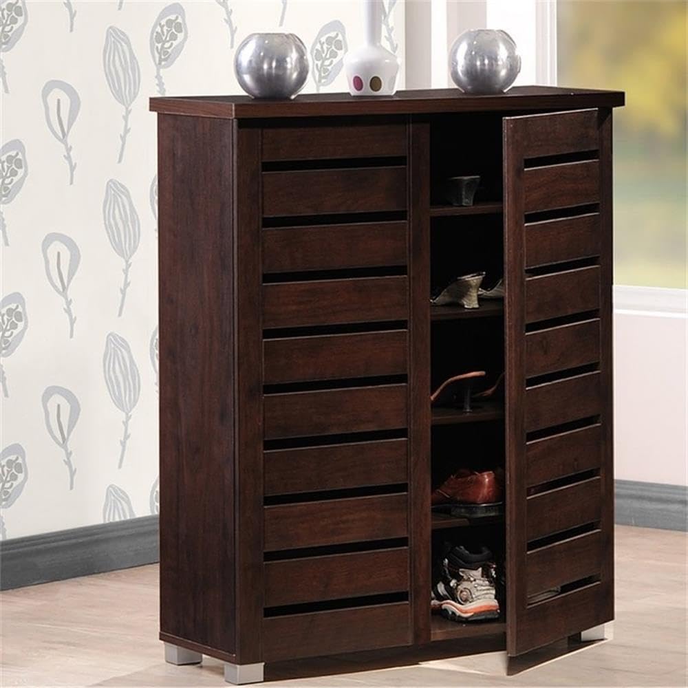 BOWERY HILL Modern 2-Door Wooden Shoe Storage Cabinet - Dark Brown Shoe Rack Organizer Holds 15 Pairs - Perfect for Entryway, Bedroom, or Closet Organization