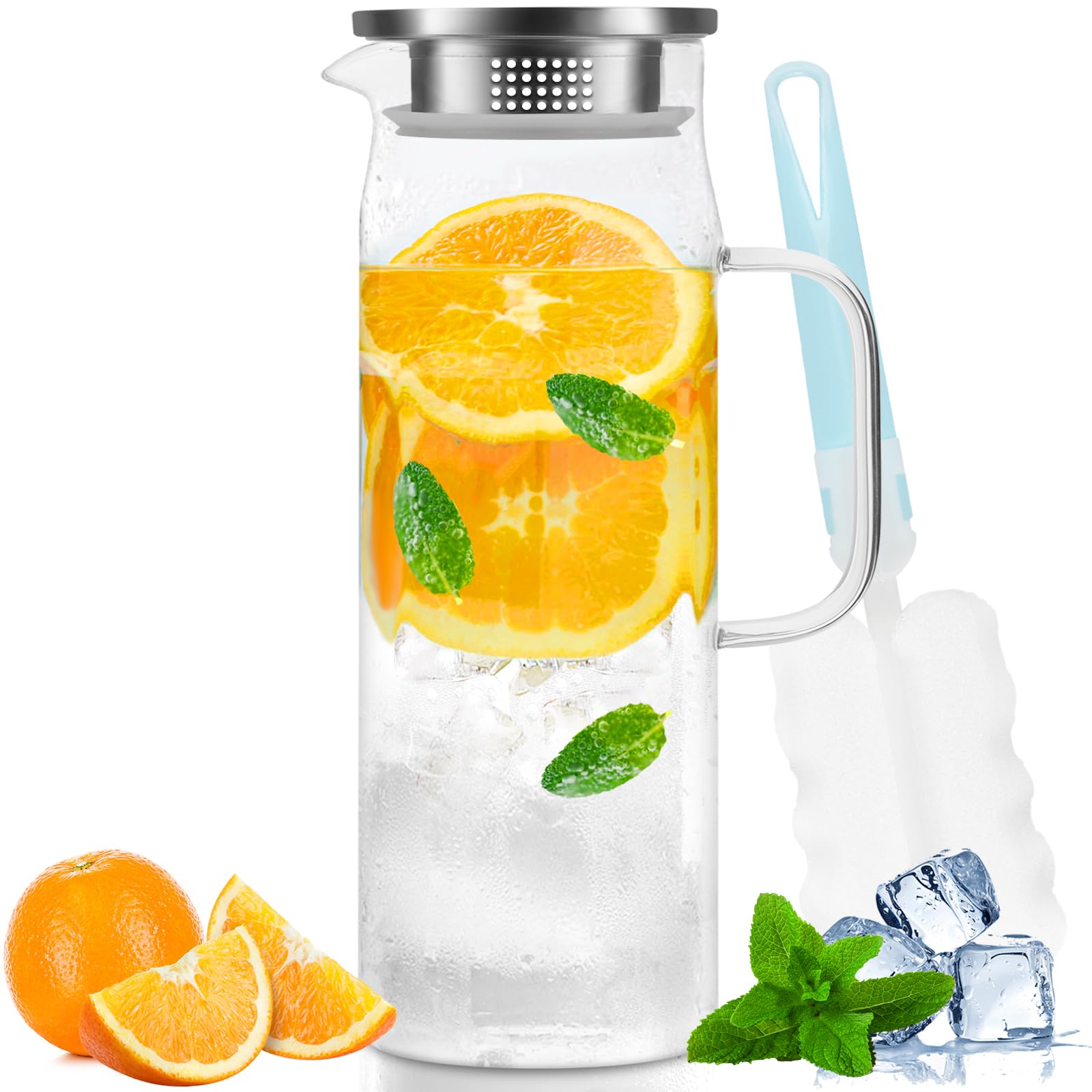 Yirilan 1.5L Borosilicate Glass Pitcher with Lid - Heat Resistant Iced Tea & Water Carafe with Handle - Perfect for Serving Beverages, Cocktails, and Lemonade at Parties, BBQs, and Family Gatherings