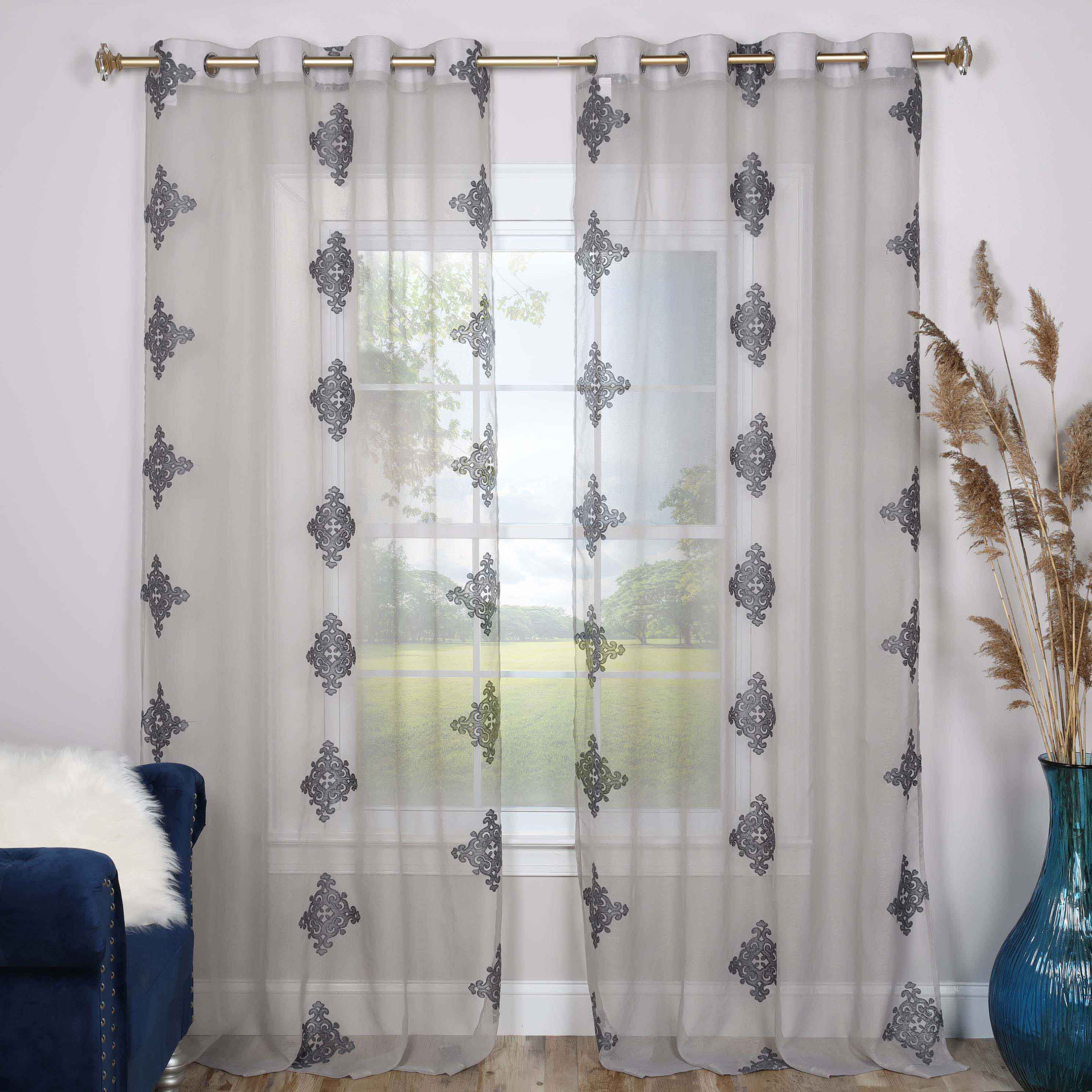 Embroidered Damask Sheer Grommet Curtain Panel Set - Elegant Window Treatment for Living Room, Bedroom & Dining Room - Light Filtering & Privacy Sheer Drapes