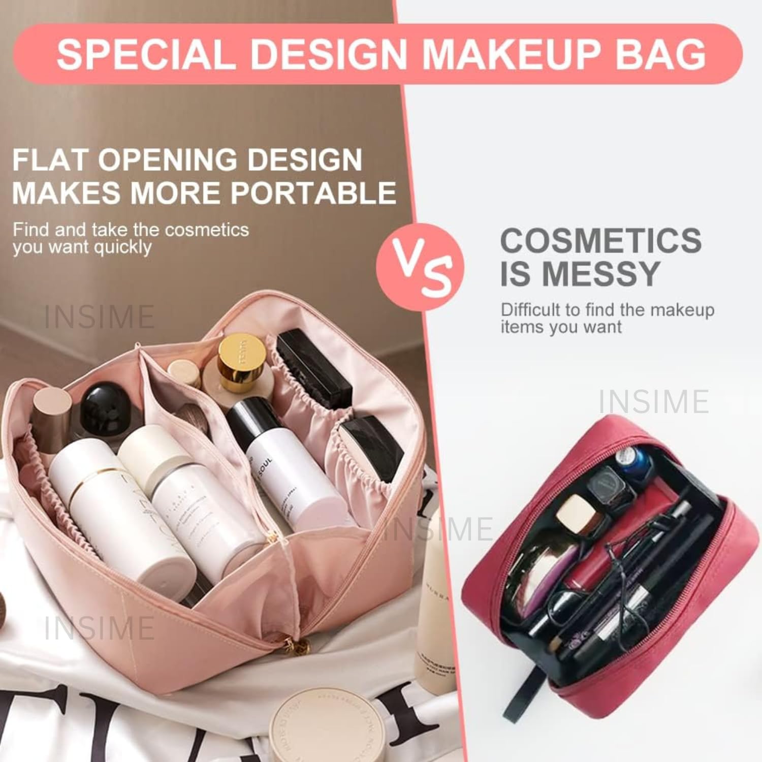 INSIME Large Travel Makeup Organizer Cosmetic Bag for Women - PU Leather Portable Makeup Pouch | Waterproof Cosmetic Case for Toiletries & Beauty Essentials | Perfect for Travel, Gym, and Daily Use