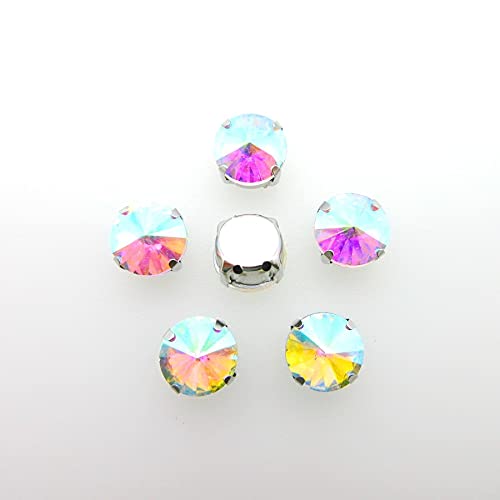 DS-109576 Silver Claw Flatback Rhinestone Beads - 7 Sizes Crystal AB Glass Round Sew-On Gems for DIY Clothing Accessories (14mm, 20PCS) | Perfect for Costumes, Bridal Dresses & Crafting