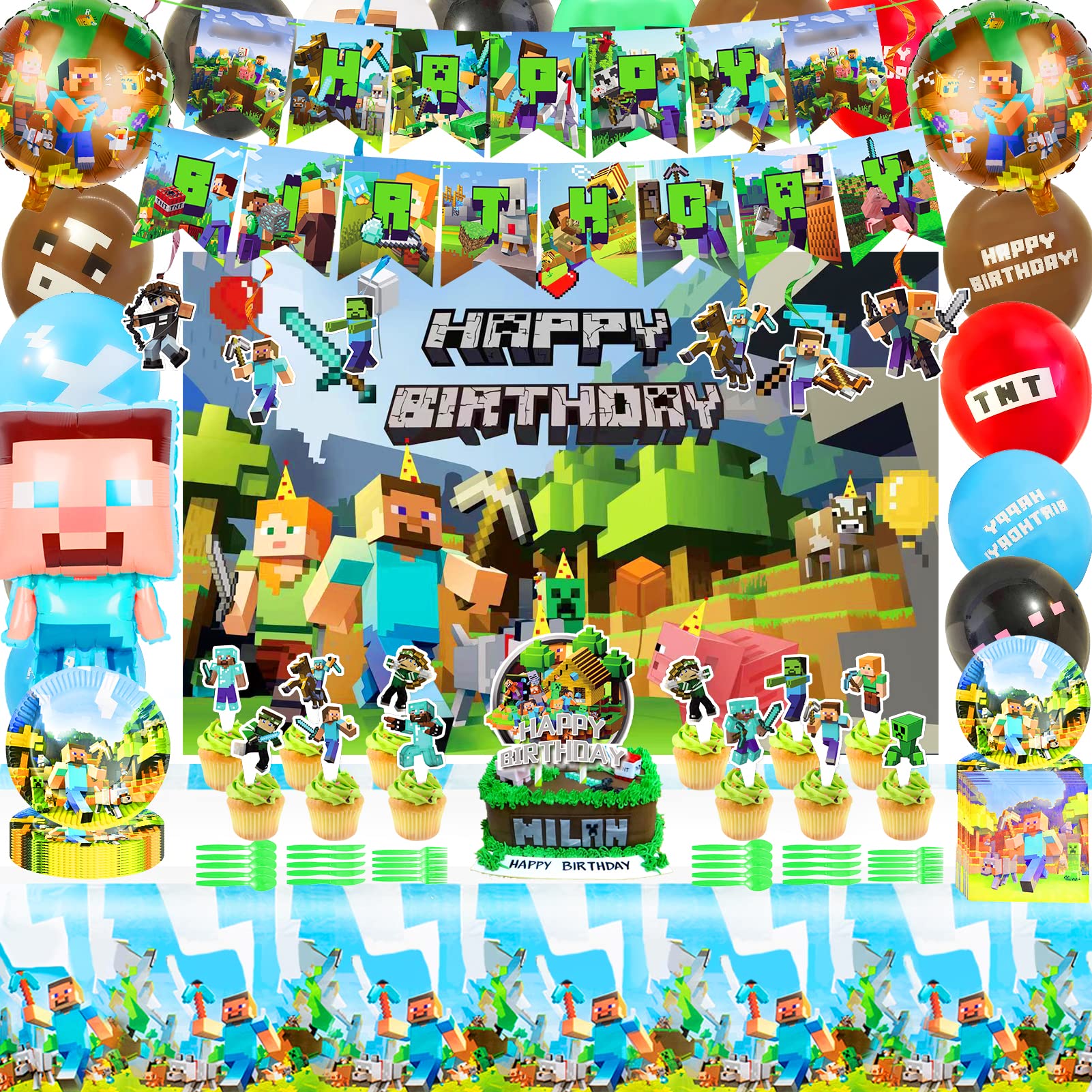 Birthday Party Supplies Kit - Premium Decorations Set with Banner, Backdrop, Tableware, Cake Toppers, Balloons & Hanging Swirls for Kids, Adults, Baby Showers & Anniversary Celebrations