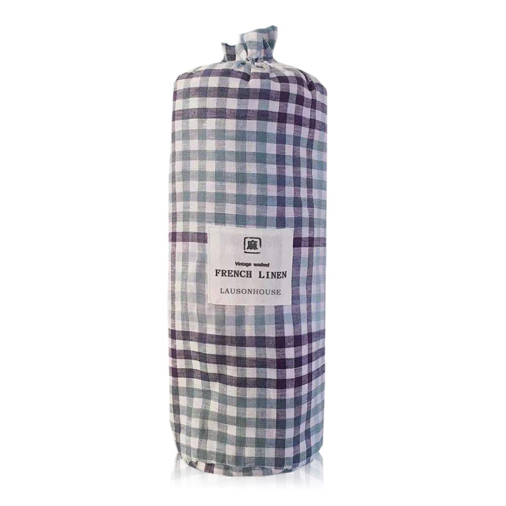Premium 100% French Linen Duvet Cover Set - 3 Piece Bedding (Duvet Cover + 2 Pillow Shams) - Full/Queen Size - Blue & Green Checkered Pattern - Breathable & Soft for All Seasons - Perfect for Master Bedroom, Guest Room & Vacation Homes