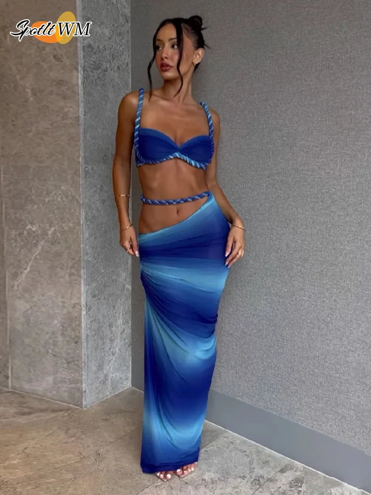 Elegant Blue Gradient Bikini Set - High Waist Pleated Women's Swimsuit | Fashion Beachwear for Vacation & Pool Party | 2025 New Design