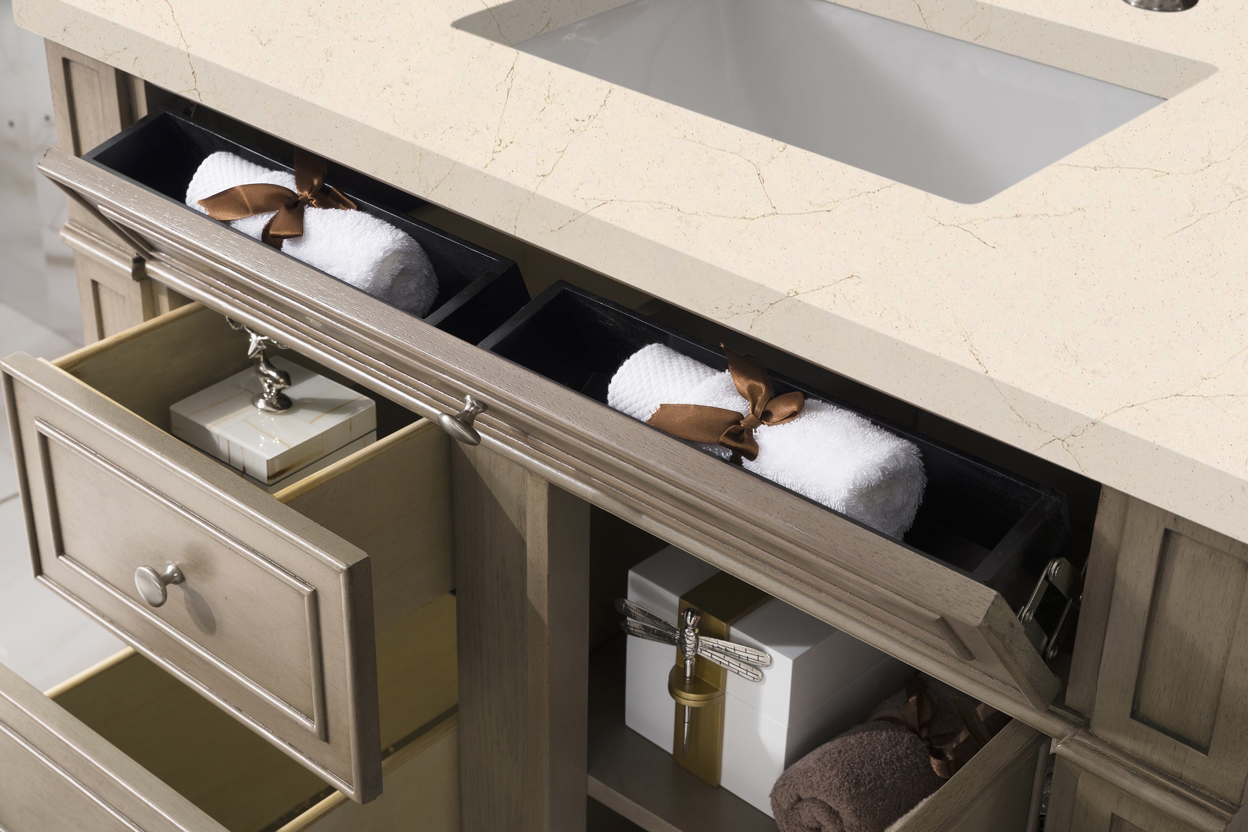 Bristol 36 Inch Single Bathroom Vanity Set with Whitewashed Walnut Finish & 3CM Eternal Marfil Quartz Countertop - Perfect for Modern Home, Apartment, or Guest Bathroom Renovation
