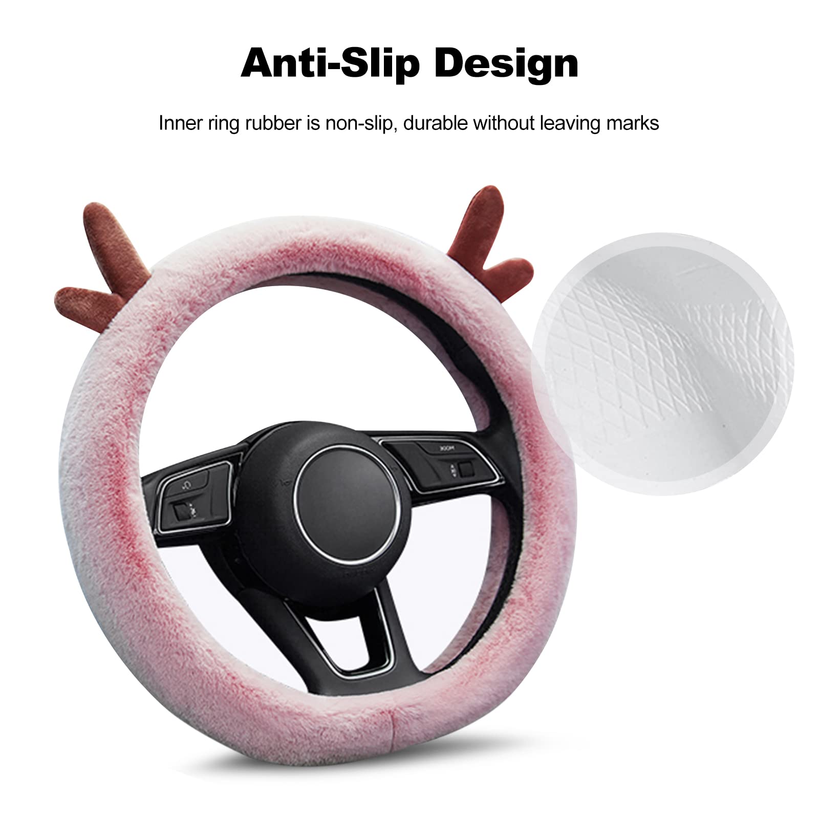 Ergocar D-Shaped Plush Steering Wheel Cover - Anti-Slip Winter Warm Protector, Cute Cartoon Design for Girls, 38cm (15