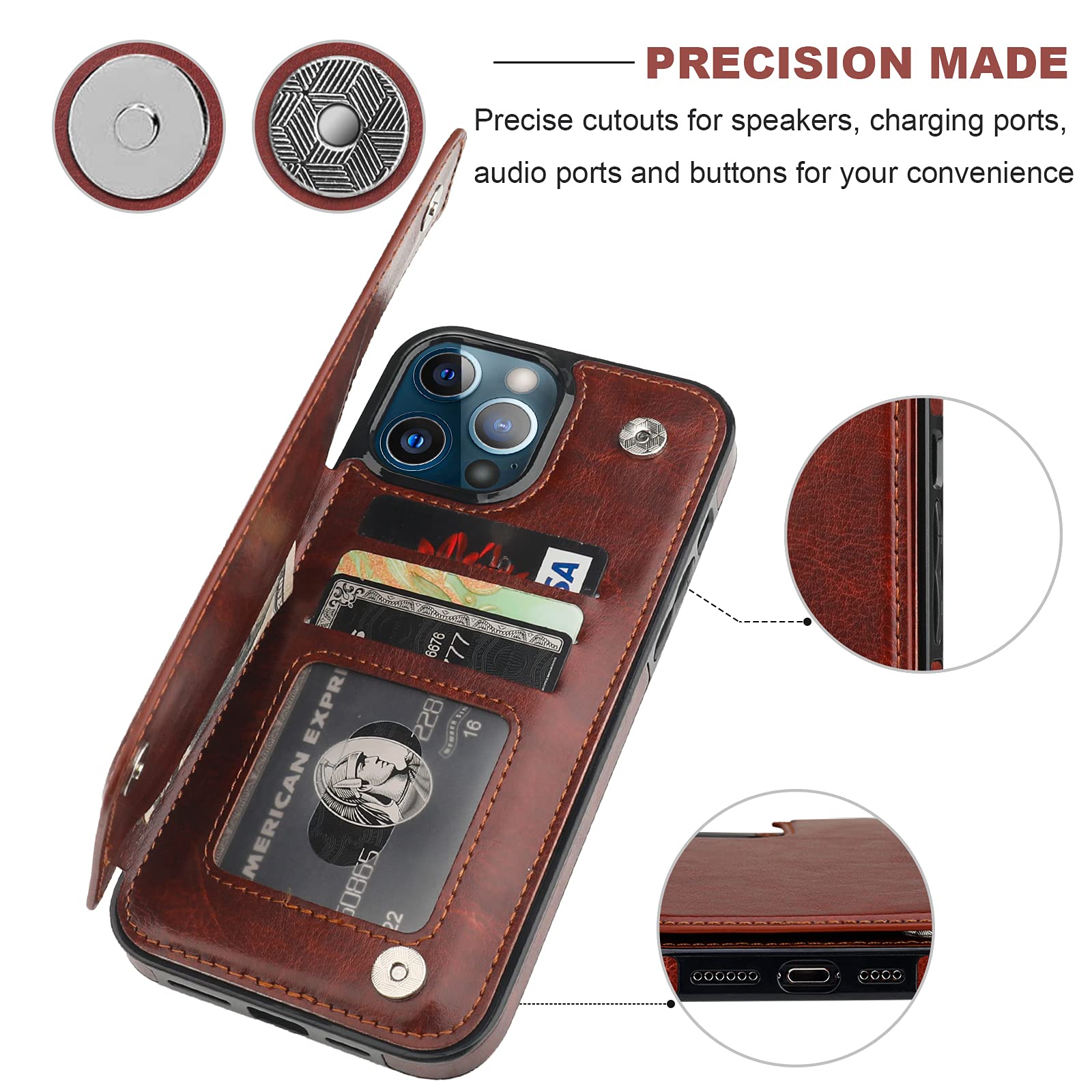 iPhone 13 Pro Max Wallet Case with Card Holder & Kickstand - PU Leather Magnetic Clasp Shockproof Cover (6.7 Inch, Brown) | Perfect for Daily Commute, Travel & Hands-Free Viewing