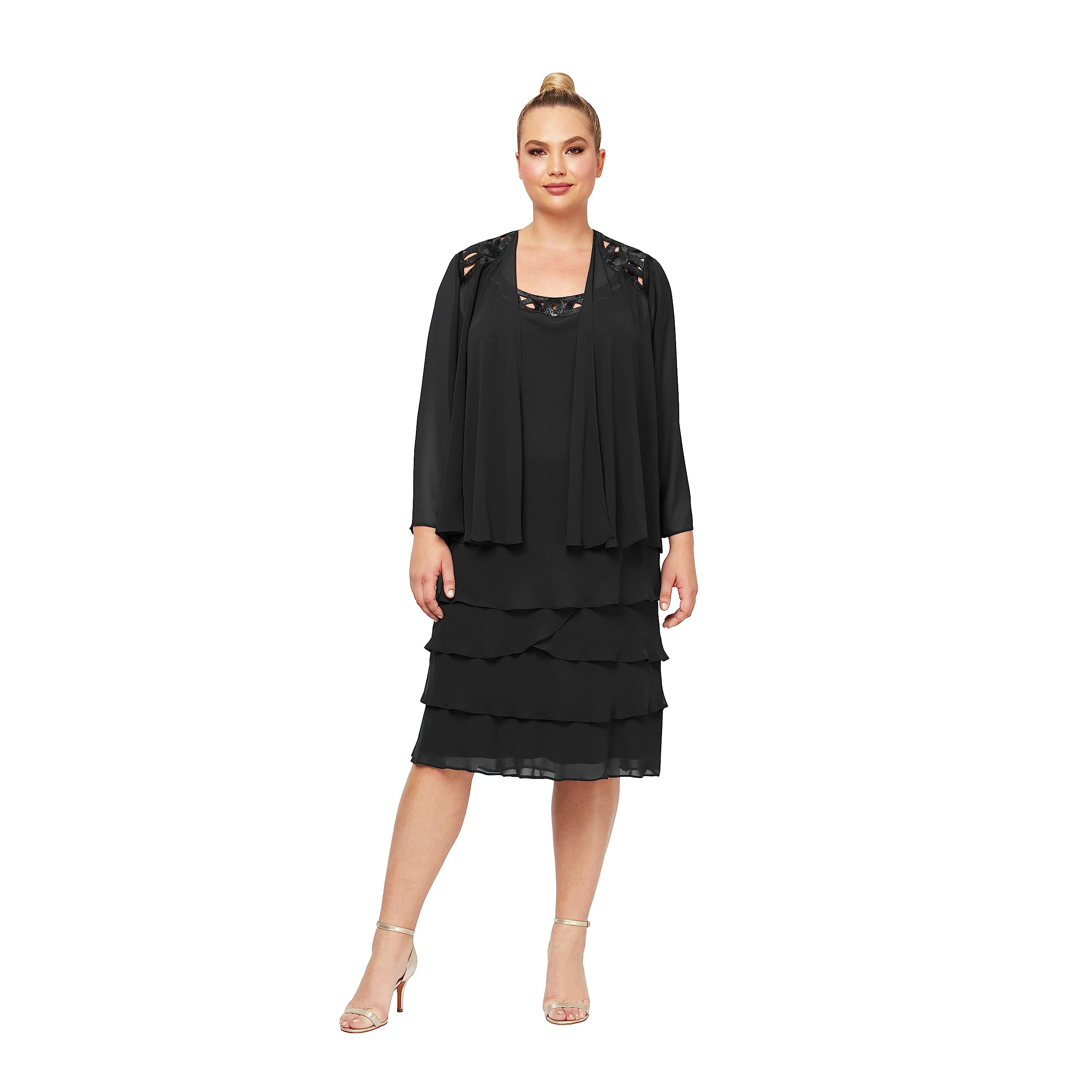 Women's Plus Size Embellished Shoulder Chiffon Tiered Jacket - Elegant Mother of The Bride Dress | Formal Occasions, Weddings & Special Events
