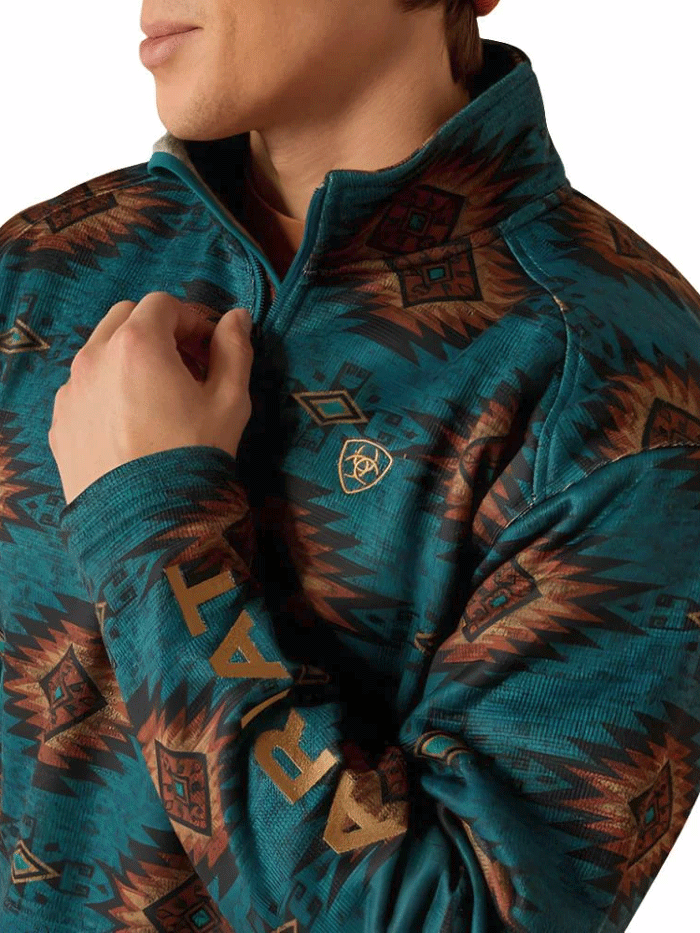 Ariat Men's Caldwell Logo Sweater - Blue Coral Southwest Style Pullover for Casual Wear & Outdoor Activities