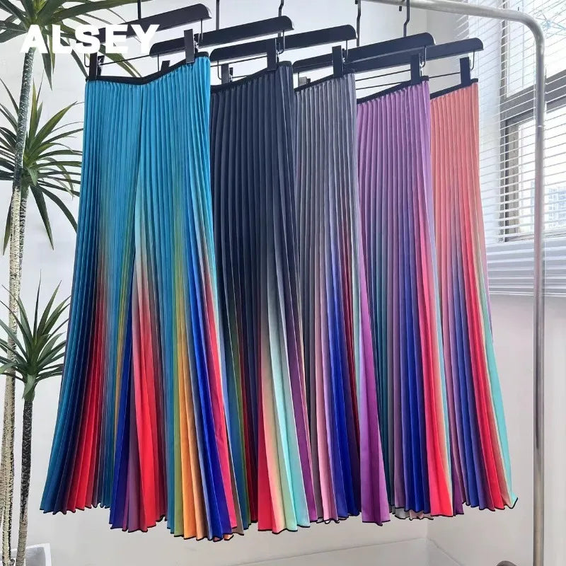 ALSEY Miyake Pleated Slim Women's Office Casual Pants - Rainbow Color Gradient for Spring & Summer | Stylish Workwear & Everyday Comfort for Professional Ladies