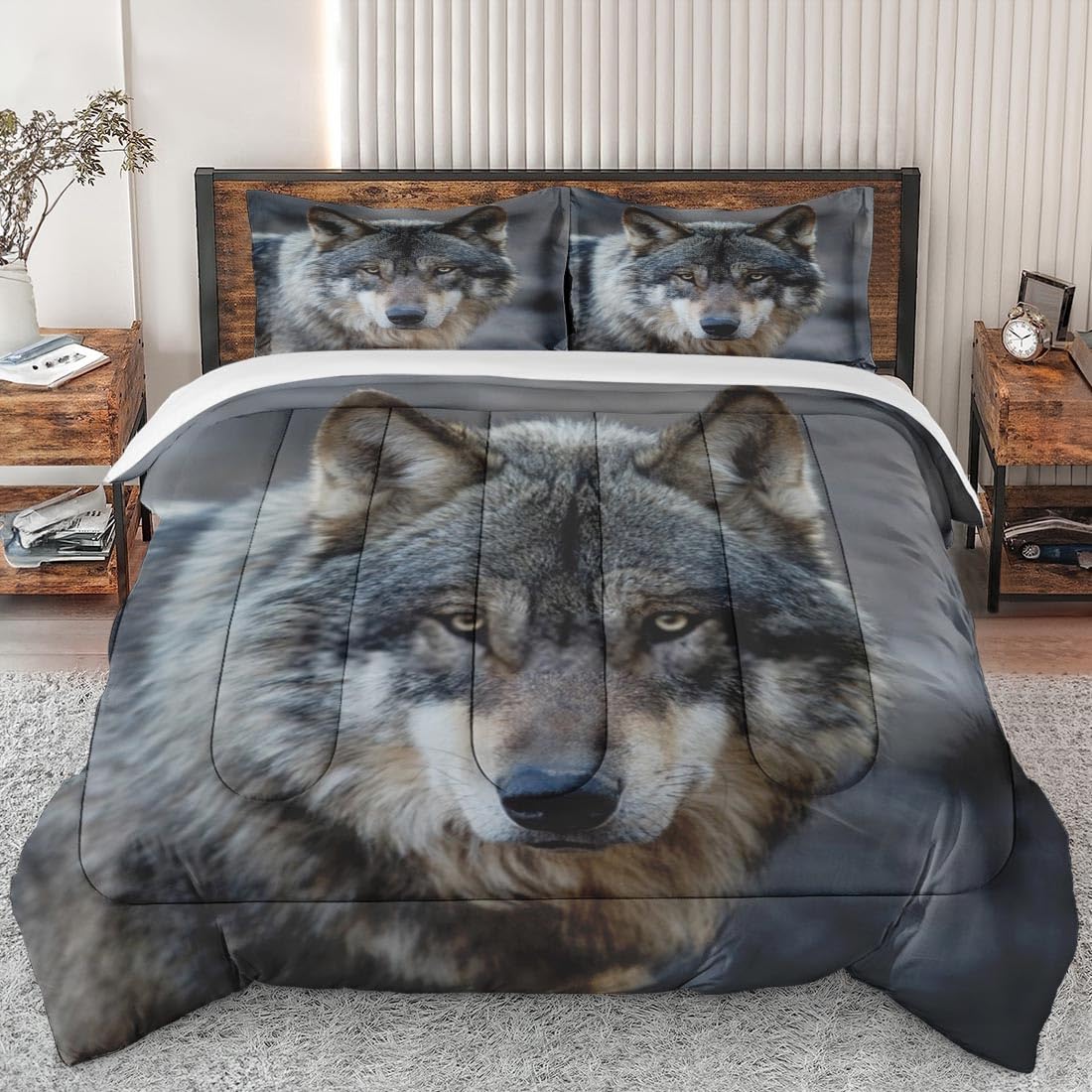 King Size Grey Wolf Animal Print Comforter Set - Soft & Cozy Winter Bedding for Kids & Adults, Includes 2 Pillowcases - Perfect for Bedroom Decor & Cold Weather Comfort